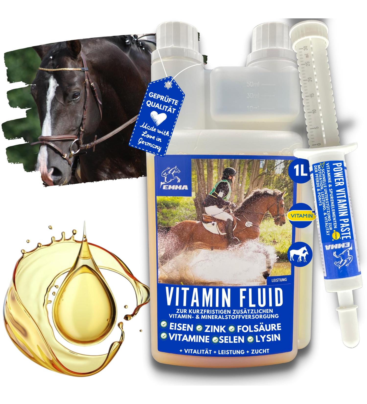 Horses Vitamins + Booster I Mineral Food for Horses Liquid I Vitamin E B Complex B12 Iron Selenium Zinc Horse I Vitamin B1 B6 Strengthen the Immune System Replenishing Food 1L 30 ml - Buy Online on GoSupps.com