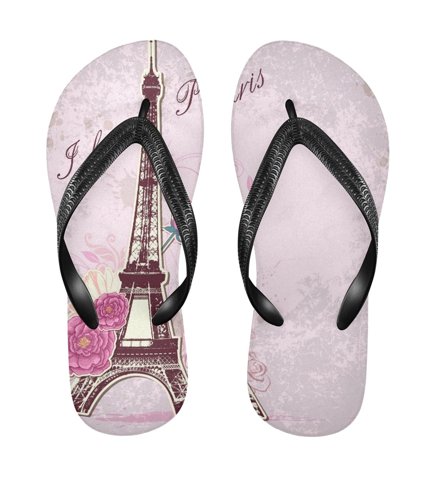 Shop Mnsruu Pink Rose Floral Eiffel Tower Flip Flops | Multicolored Sandals for Men & Women | Perfect for Home Spa and Travel - Buy Online on GoSupps.com