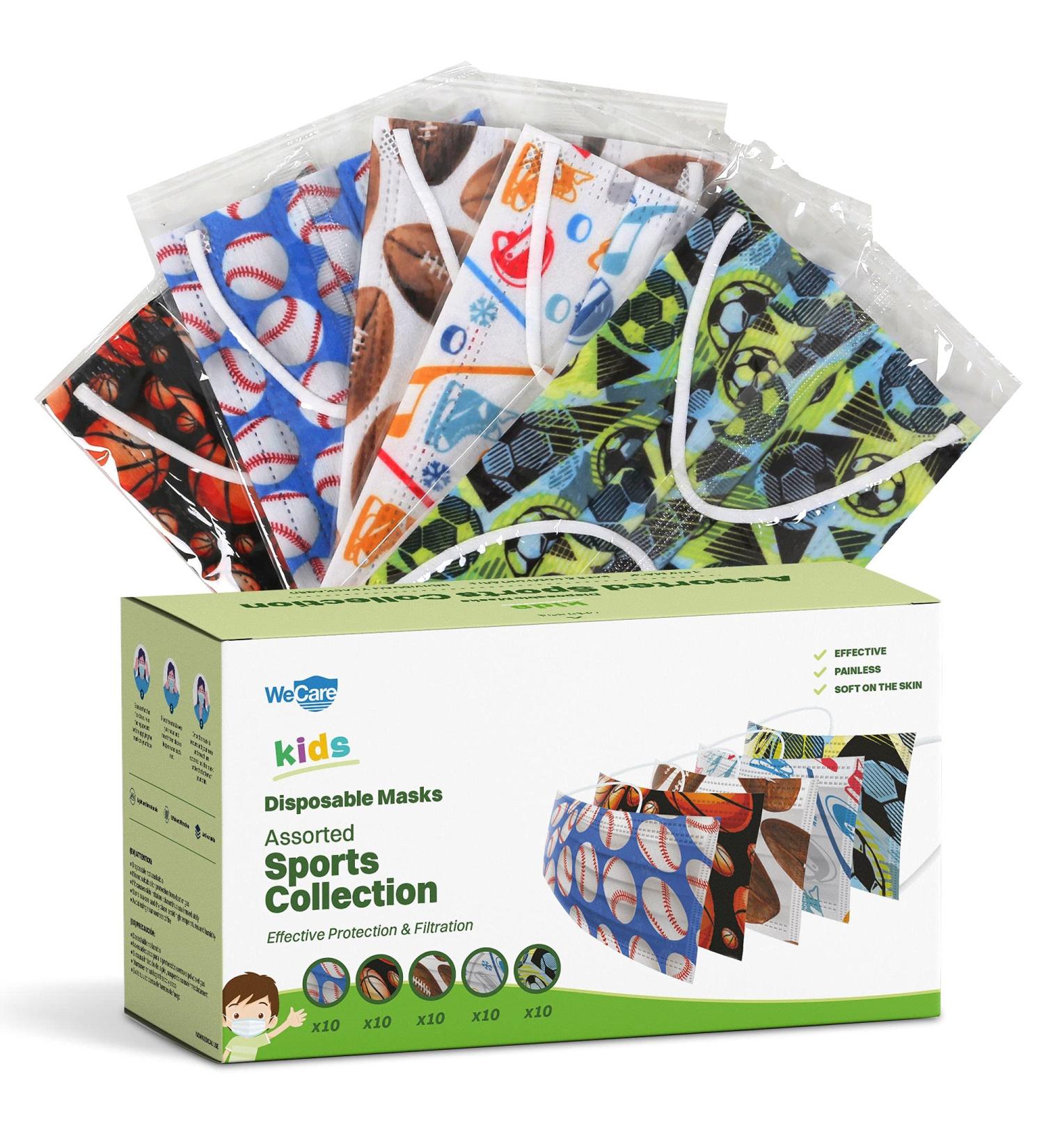 WeCare Kids Disposable Face Masks - 50 Sport Collection, Individually Wrapped with Fun Prints - Buy Online on GoSupps.com