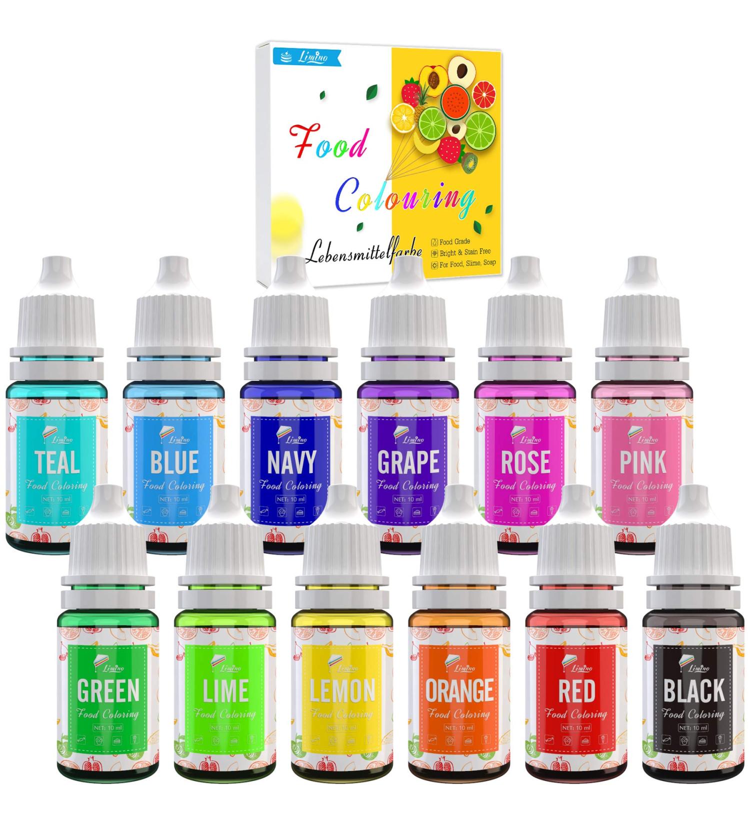 Food Colouring - 12 Colours x 10ml Liquid Variety Cake Icing Food Colouring Kit for Baking Fondant Cooking and Decorating - Vibrant Food Colour Dye for Airbrush DIY Slime Making and Crafts - 120ml Black Rose Pink Red Orange Yellow Chartreuse Green Teal Bl - Buy Online on GoSupps.com