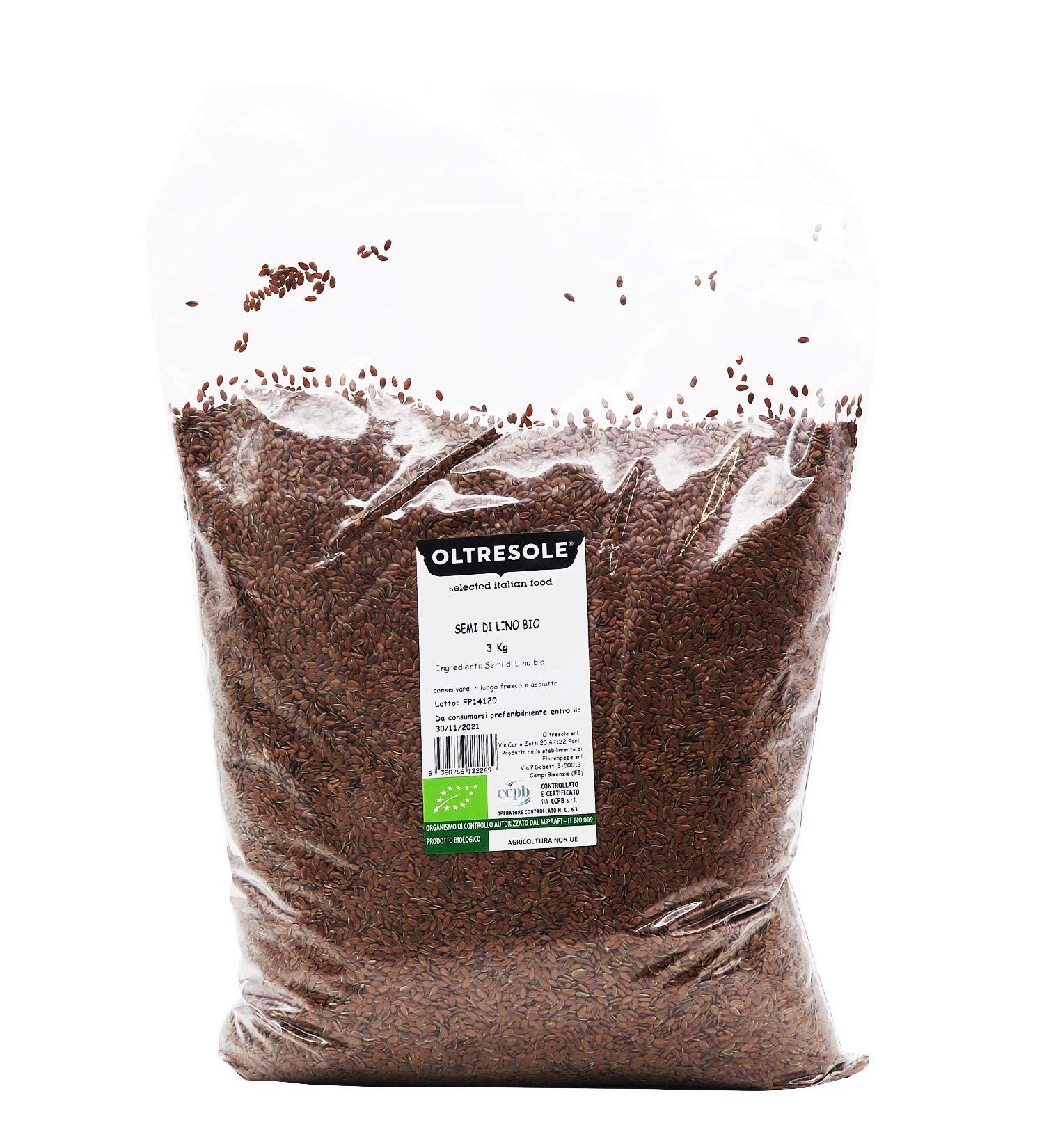 Oltresole Organic flax seeds 3 kg Raw fatty seeds whole and dark rich in minerals and fiber ideal for healthy recipes source of omega-3 100% natural - Buy Online on GoSupps.com