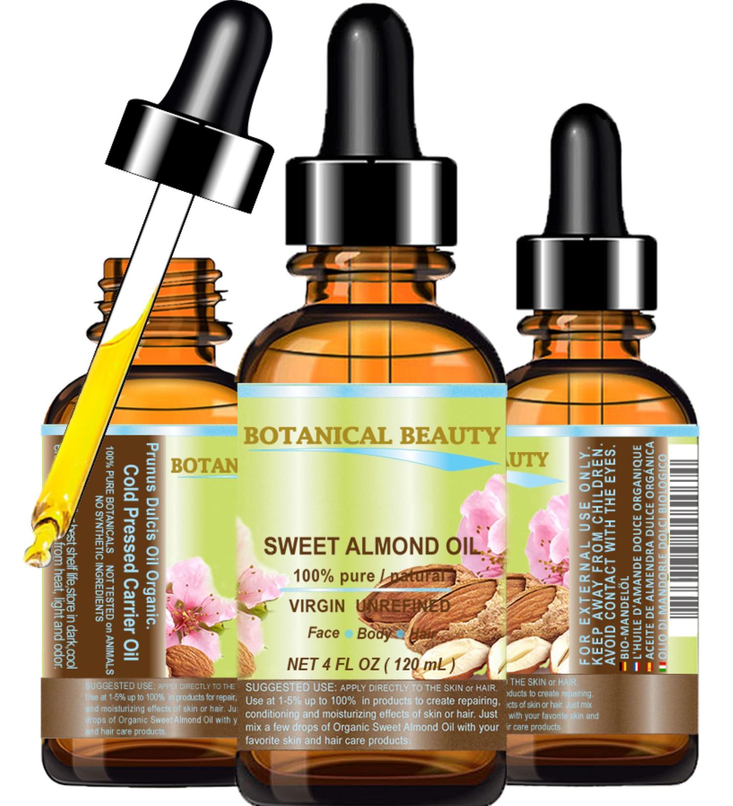 Botanical Beauty Sweet Almond Oil - 100% Pure Natural Virgin Unrefined Cold Pressed Carrier Oil for Face Skin Body Hair & Nails - 4 Fl. oz (120 ml) - Ideal for Massage & Skincare - Buy Online on GoSupps.com