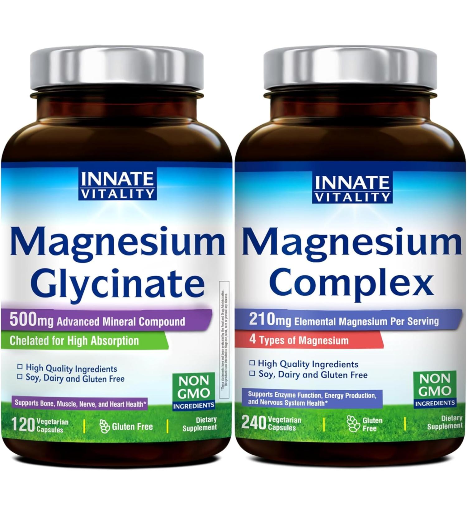 Innate Vitality Magnesium Glycinate 500mg 120 Capsules and 4 in 1 Magnesium Complex 240 Vegan Capsules - Buy Online on GoSupps.com