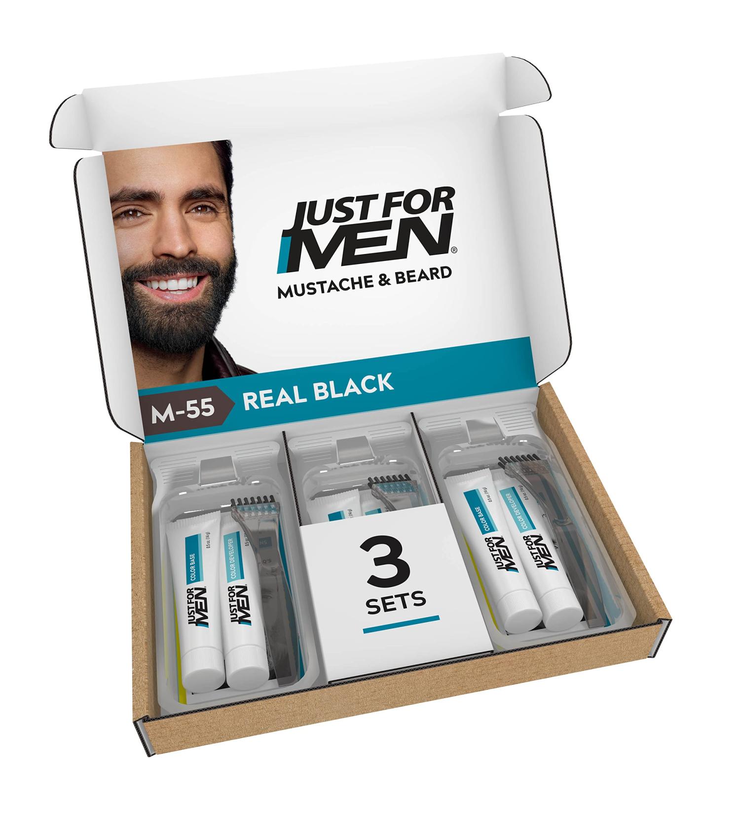 Just For Men Mustache & Beard Color, Real Black M-55, 3 Pack - Biotin, Aloe & Coconut Oil for Healthy Gray Hair - Buy Online on GoSupps.com