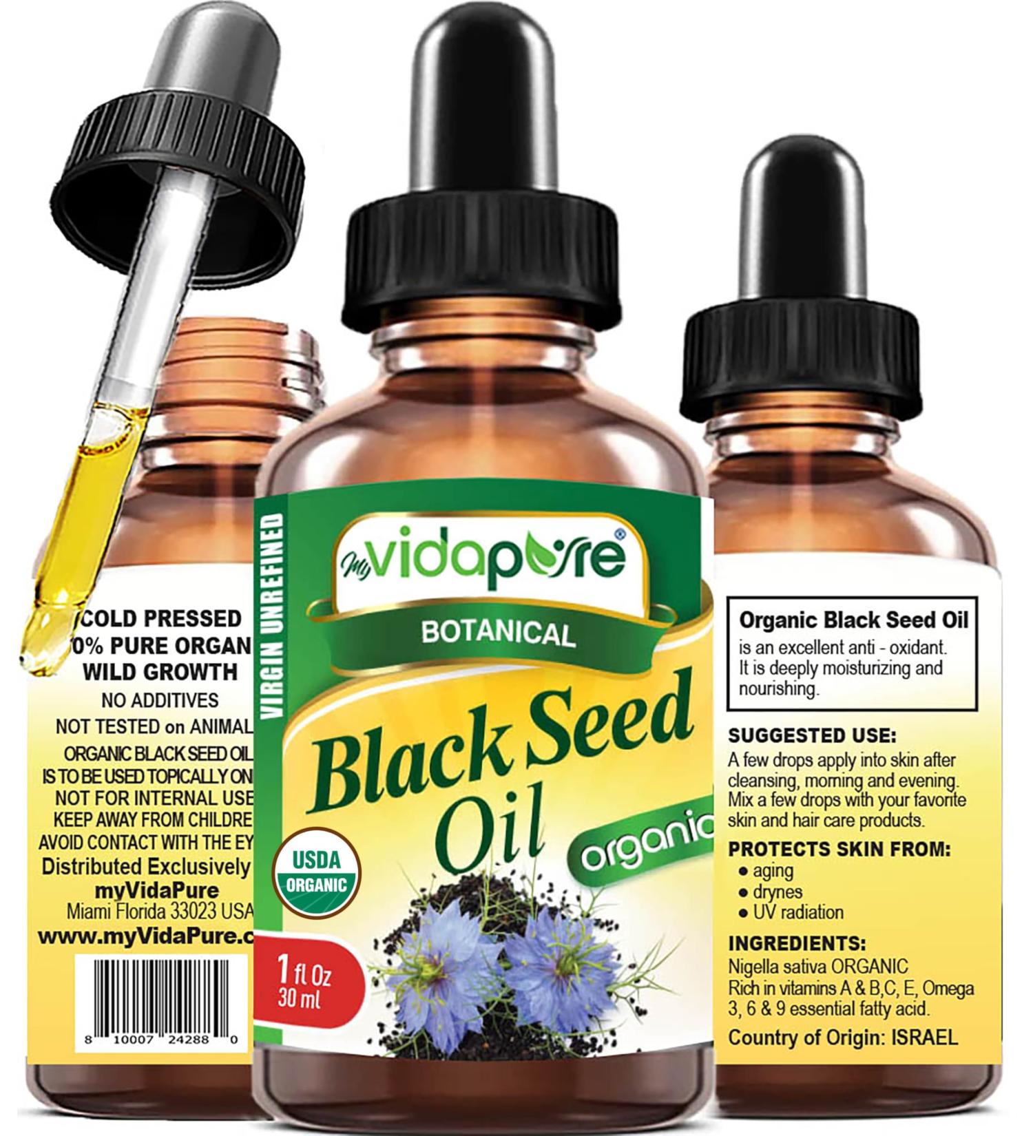 MYVIDAPURE Organic BLACK SEED OIL Certified Organic 100% Natural Pure VIRGIN UNREFINED Undiluted Cold Pressed Carrier Oil for Face Skin Hair Lip Care (1 Fl Oz) 1 Fl Oz (Pack of 1) - Buy Online on GoSupps.com