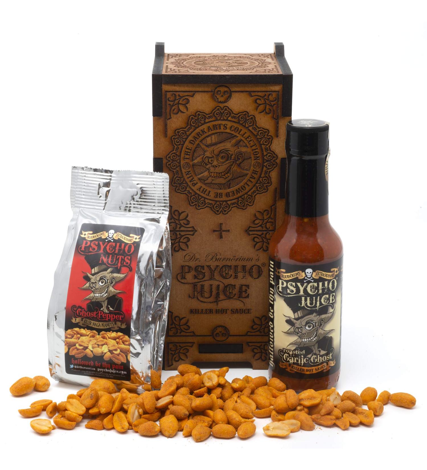 Psycho Juice | Dark Arts Wooden Chilli Sauce & Nuts Gift Set | Roasted Garlic Ghost Pepper Sauce | 148ml | Psycho Nuts | Naga Covered Spicy Peanuts - Buy Online on GoSupps.com