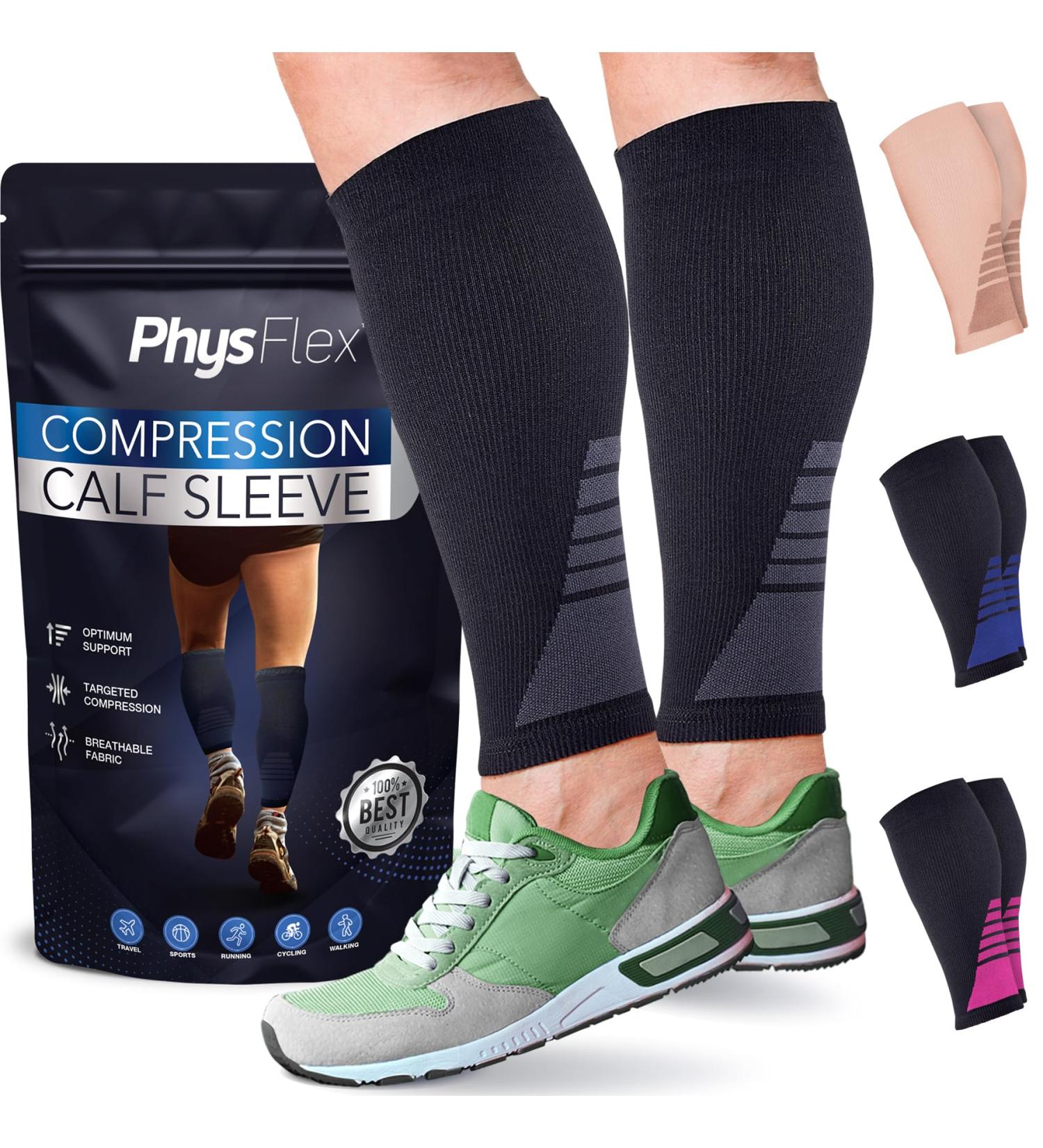 Calf Compression Sleeves for Men & Women - Footless Socks for Varicose Veins Nursing Running - PhysFlex Leg Sleeves for Shin Splints Pain Relief Swelling - Black Medium - Buy Online on GoSupps.com