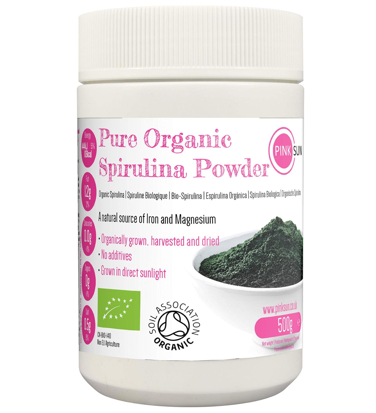 PINK SUN Organic Spirulina Powder 500g - Gluten Free, Non GMO, Vegan - Certified Organic by The Soil Association - Buy Online on GoSupps.com