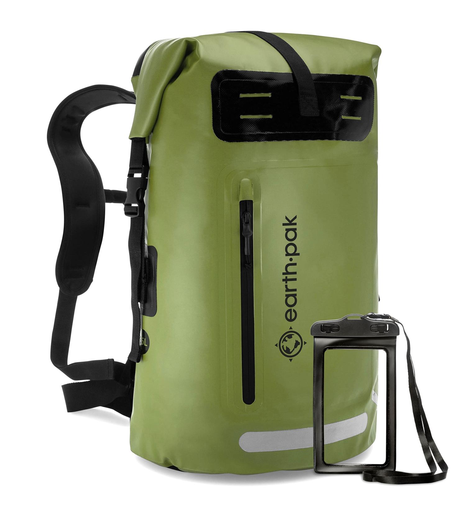 Earth Pak Waterproof Backpack: 35L / 55L / 85L Heavy Duty Roll-Top Closure with Easy Access Front-Zippered Pocket and Cushioned Padded Back Panel for Comfort with IPX8 Waterproof Phone Case 55L Green - Buy Online on GoSupps.com