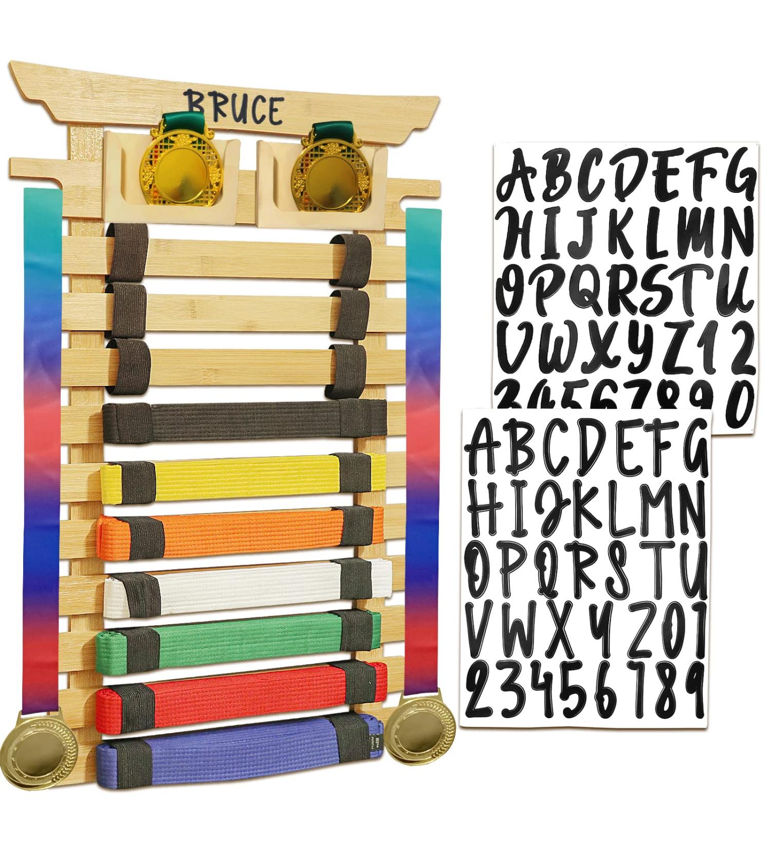 IHEL Karate Belt Display Rack 10 Belt Personalize with Stickers and Medal Case for BJJ Jiu Jitsu TKD Martial Arts