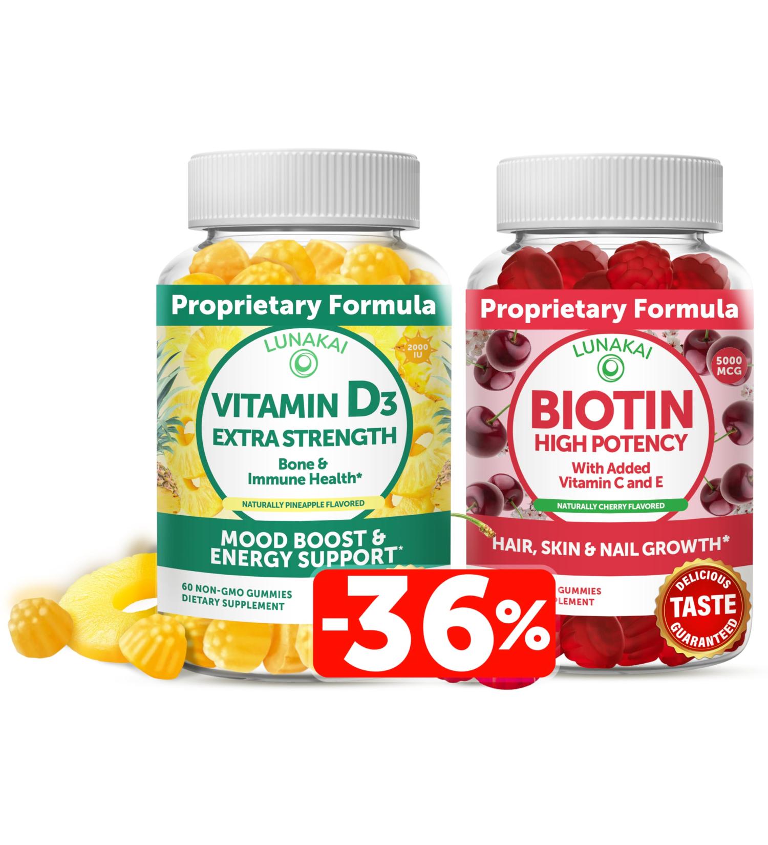 Lunakai Biotin and Vitamin D3 Gummies Bundle - Hair Skin and Nails Growth Gummies with Vitamin C and E - Immunity Bone and Mood Support Supplement - 30 Days Supply - Buy Online on GoSupps.com