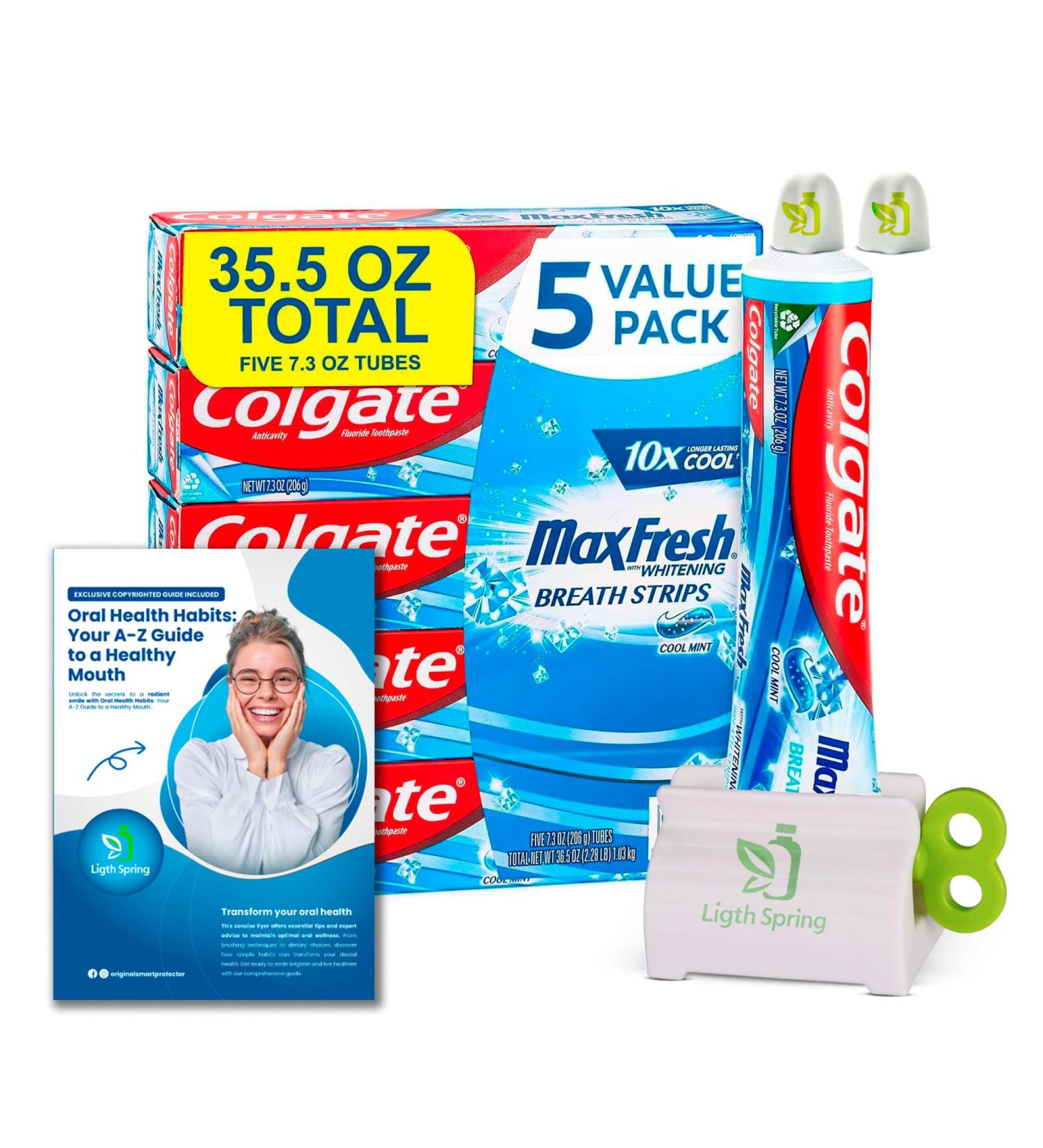 Max Fresh Mint Toothpaste Strips - 5 Tubes 36.5 oz Fights Cavities & Whitens Teeth + Toothpaste Squeezer & No-Mess Caps - Shop Now Internationally - Buy Online on GoSupps.com