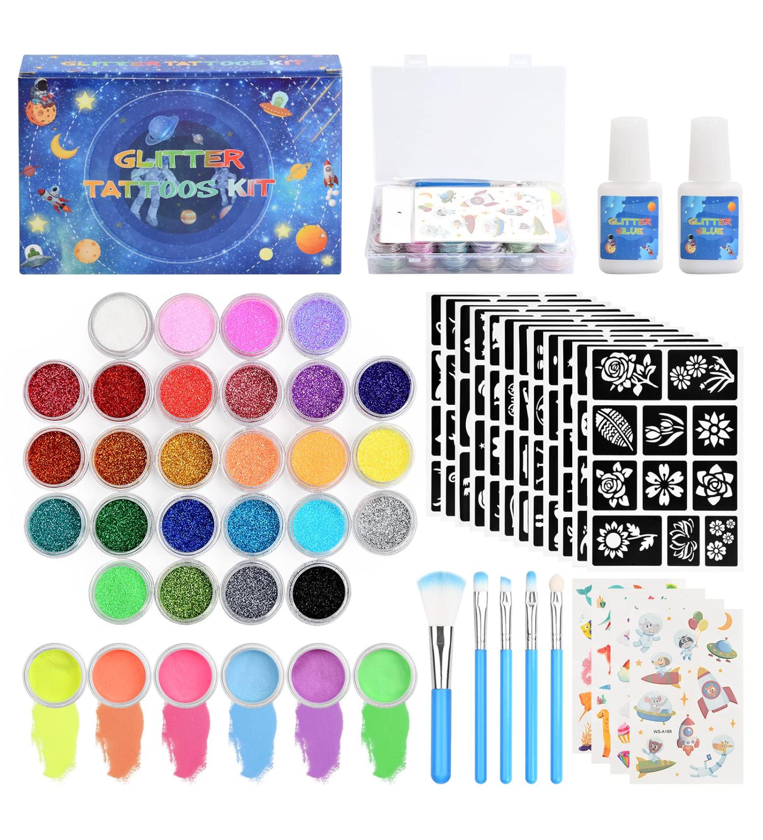 Glitter Tattoos Kit: 26 Large Glitter Colors, 6 Fluorescent Colors, 134 Stencils, 2 Glue - Perfect Gift for Girls, Teens, Women - Birthday, Christmas, Festival - Buy Online on GoSupps.com