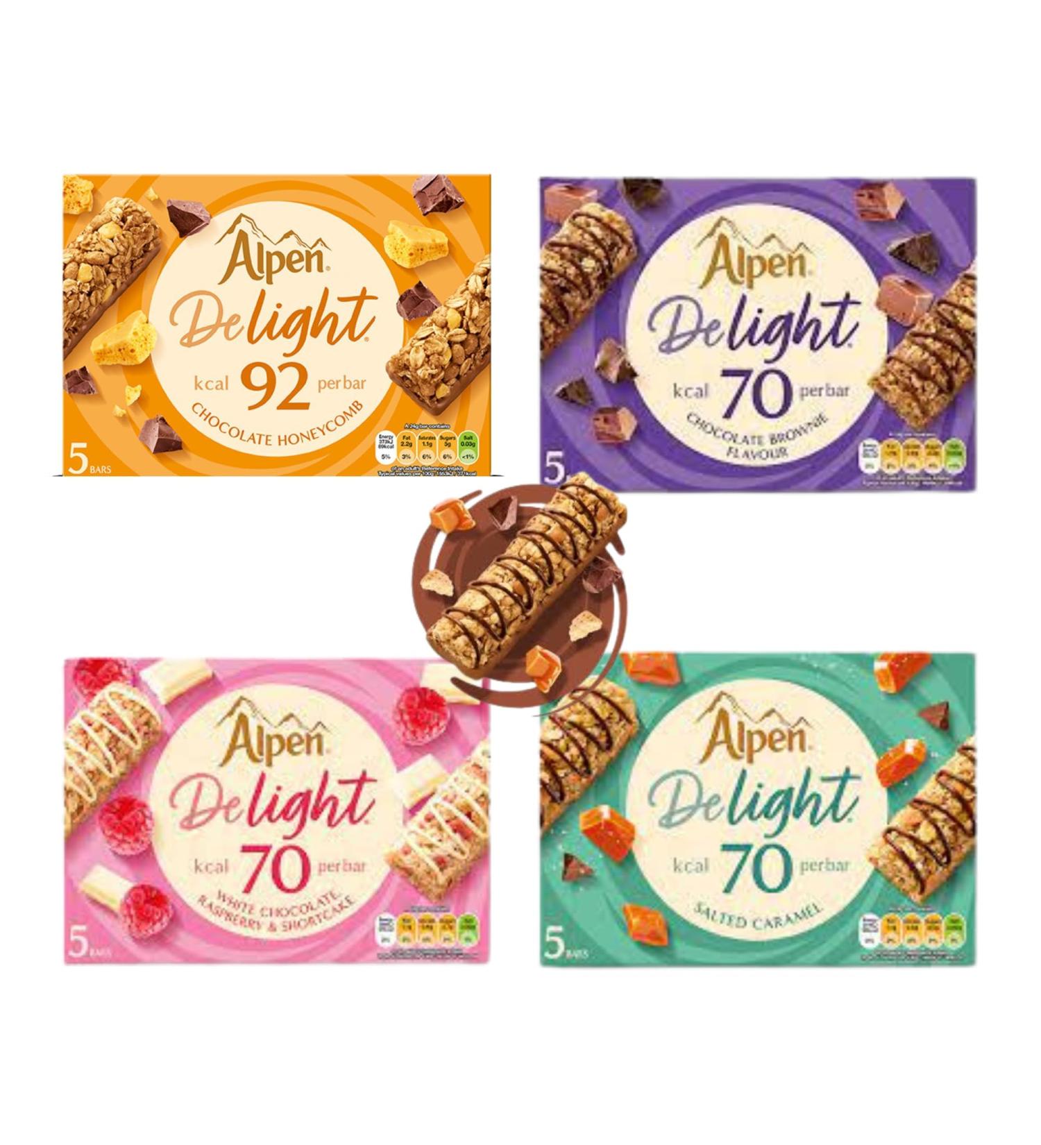 Alpen Light Delight Bundle - Chocolate Brownie White Raspberry and Shortcake Salted Caramel Honeycomb. 20 Bars 480g. - Low-calorie brunch for a guilt-free treat - Buy Online on GoSupps.com