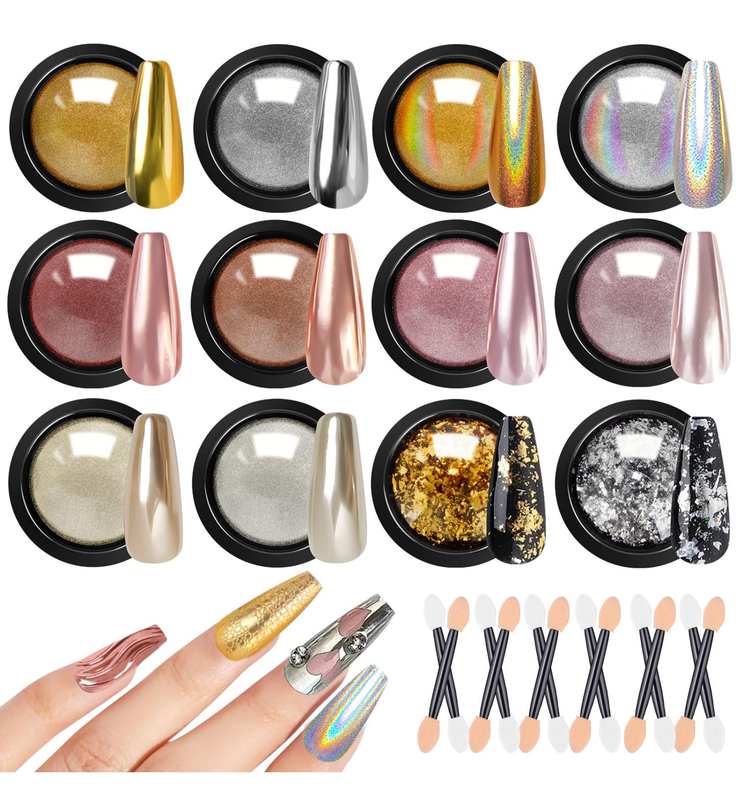 Gold & Silver Chrome Nail Powder - 12 Iridescent Holographic Colors | Metallic Mirror Effect for Stunning Nail Art - Buy Online on GoSupps.com