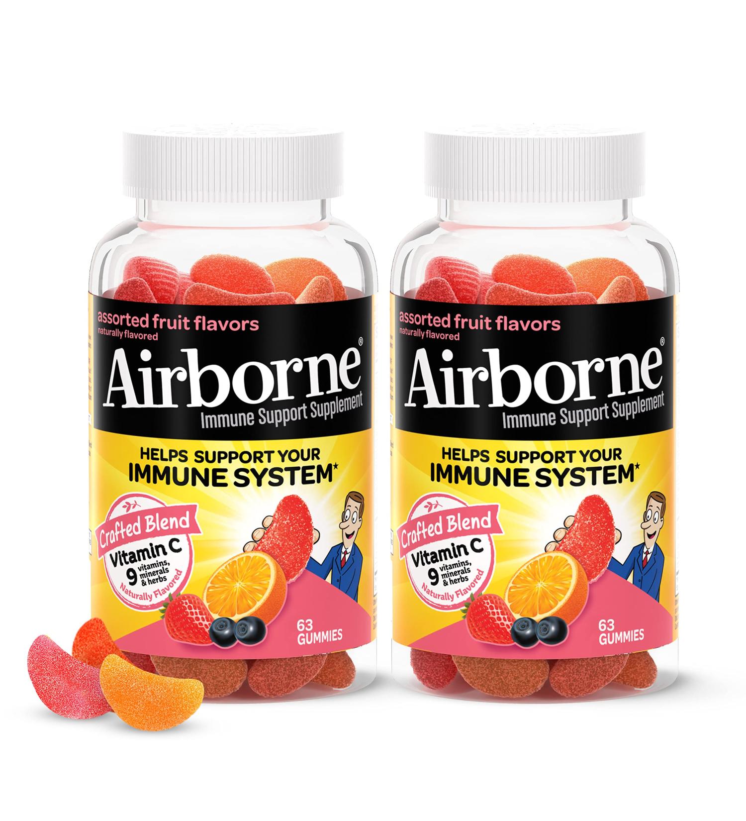 Airborne 750mg Vitamin C Gummies for Adults - Immune Support with Antioxidants Vit C & E - 2x63ct Assorted Fruit Flavor - Buy Online on GoSupps.com