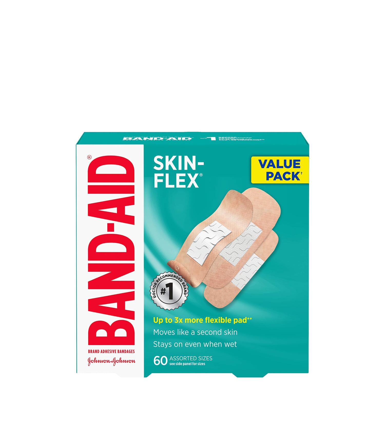 Band-Aid Adhesive Bandages for Cuts and Scrapes Skin-Flex Assorted Sizes Value Pack Small Regular Large 60 Bandages - Buy Online on GoSupps.com