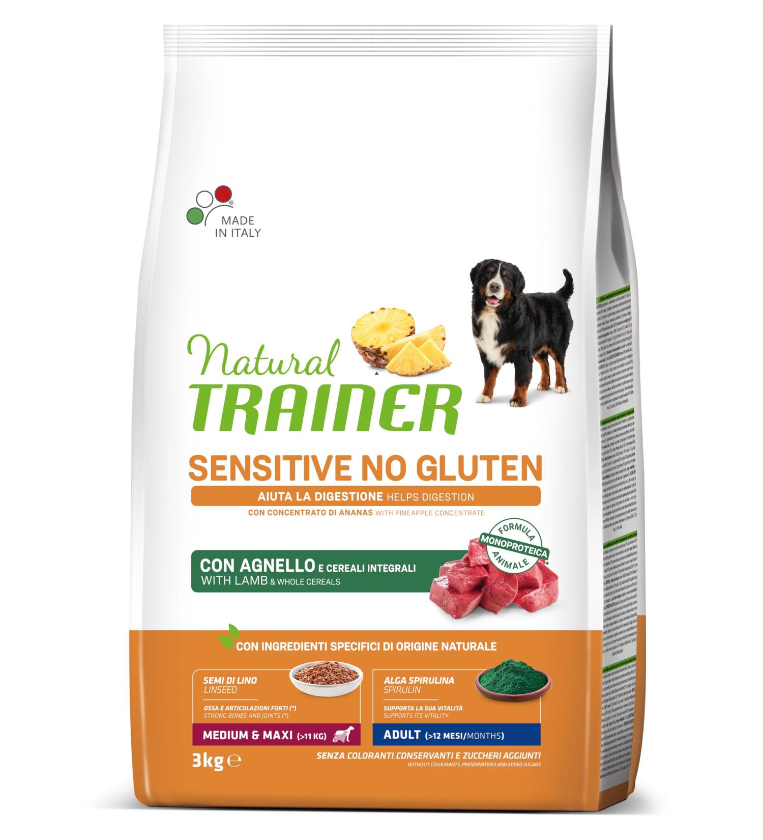 Natural Trainer Sensitive No Gluten - Medium-Maxi Adult Dog Food with Lamb and Whole Grains - 3kg - Buy Online on GoSupps.com