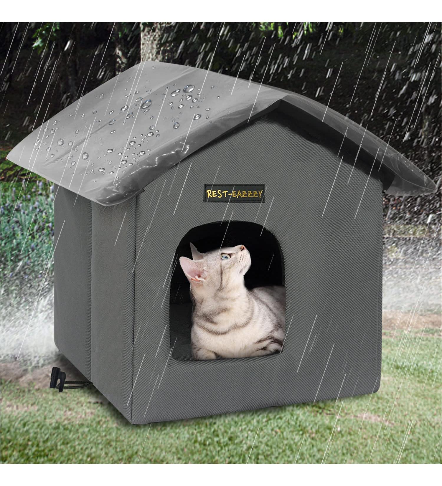 Rest-Eazzzy Weatherproof Insulated Cat House with Mat - Selfwarming Shelter for Outdoor Cats - Easy Assembly - Grey with Canopy - Buy Online on GoSupps.com
