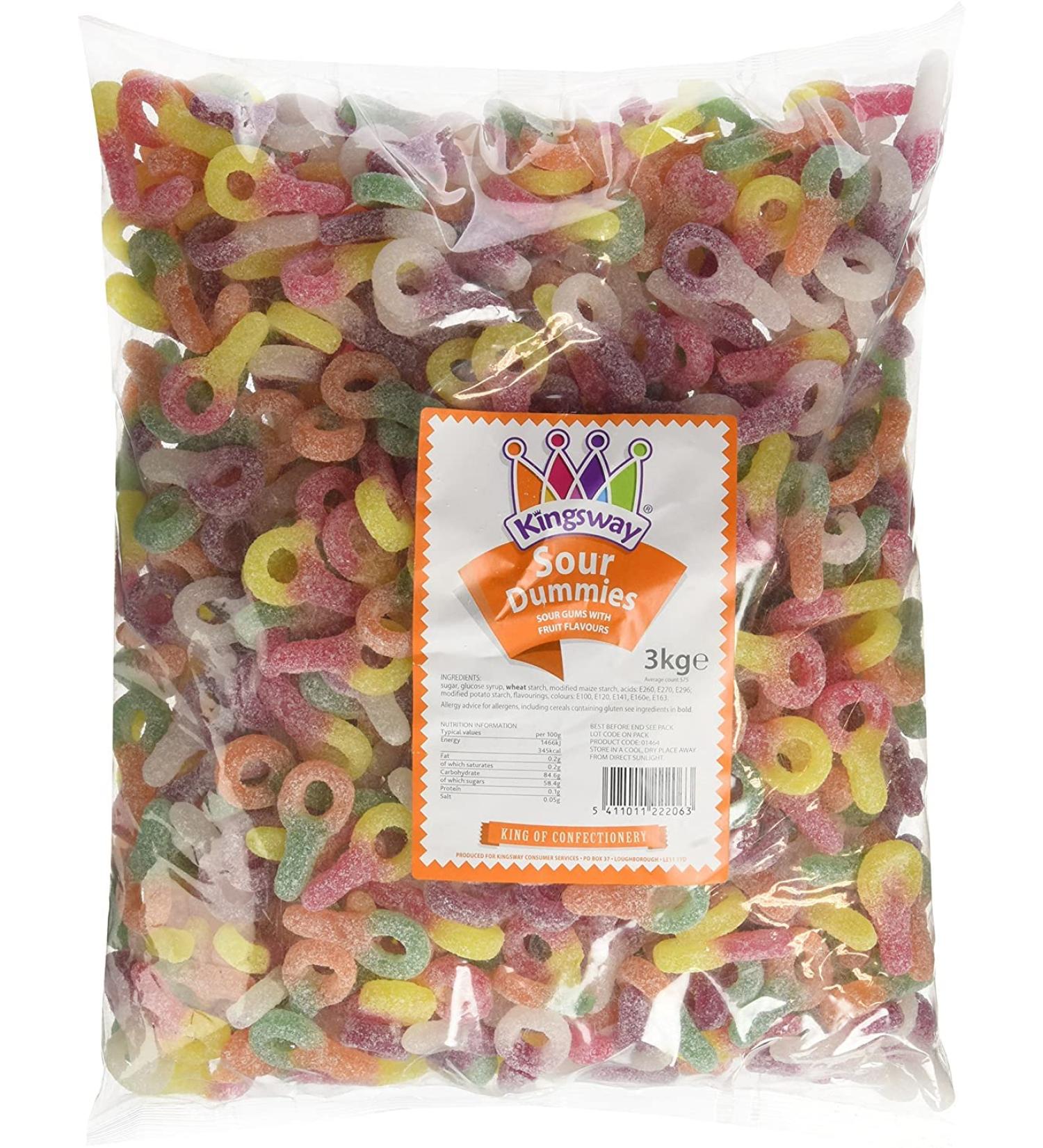 Kingsway Vegan Sour Dummies Sweets - 3kg Sour Fruit Flavour Gummies (1x 3kg Bag) - Buy Online on GoSupps.com
