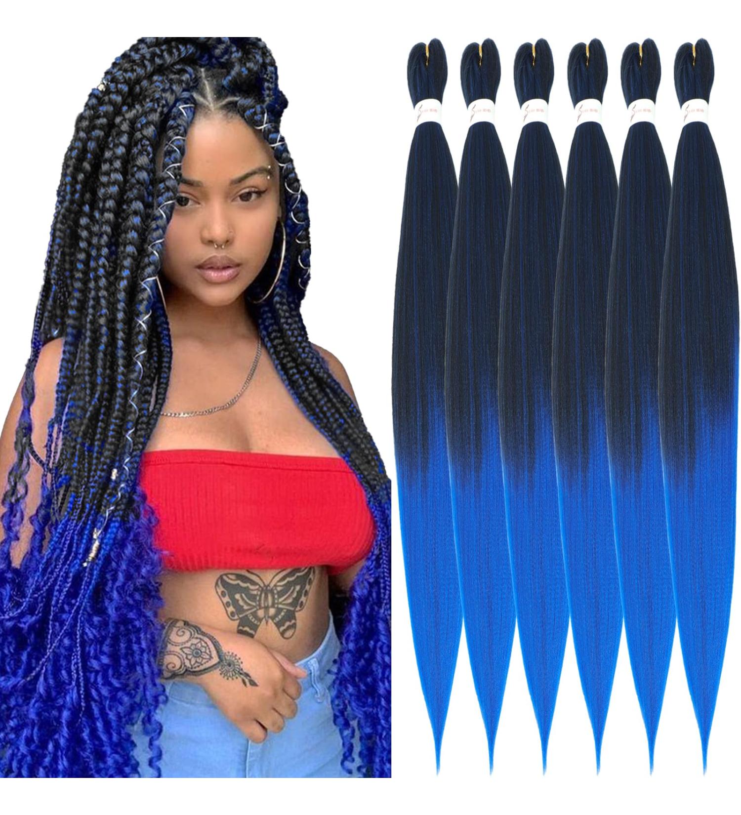 Xusuperb Lang Pre-Stretched Braiding Hair Ombre Blue - 30 Inch Knotless Yaki Extensions (T1B/Blue) - 6 Packs of Soft Kanekalon Hair for Easy Styling - Buy Online on GoSupps.com