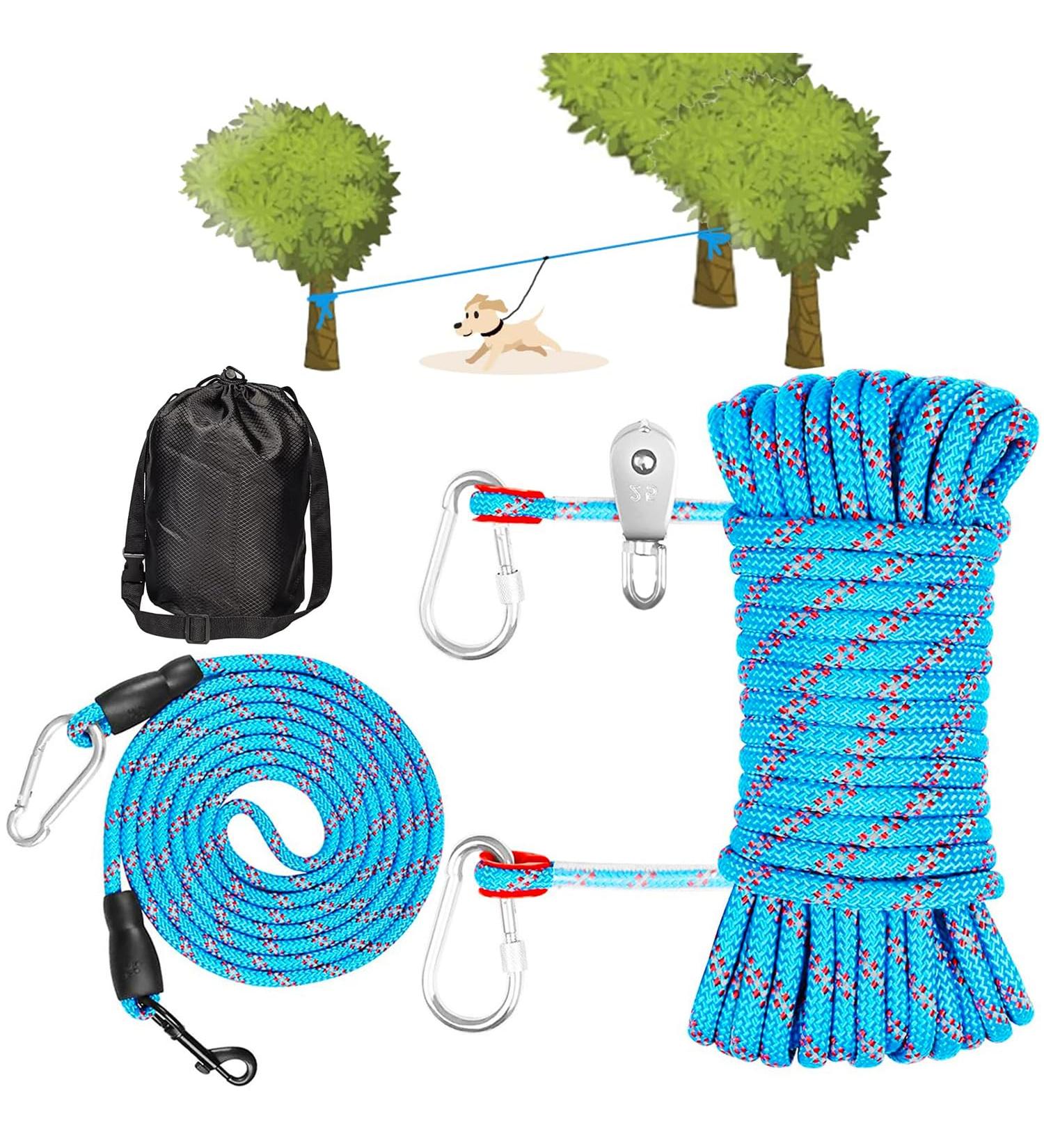 Dog Tie Out Cable -OZHOMY 75ft Portable Dog Run Trolley System with 10FT Runner Lead Reflective Dog Lead for Yard Camping Parks Outdoor for Large Medium Dogs up to 300lbs (Blue) 75ft with 10ft Runner Lead Blue - Buy Online on GoSupps.com
