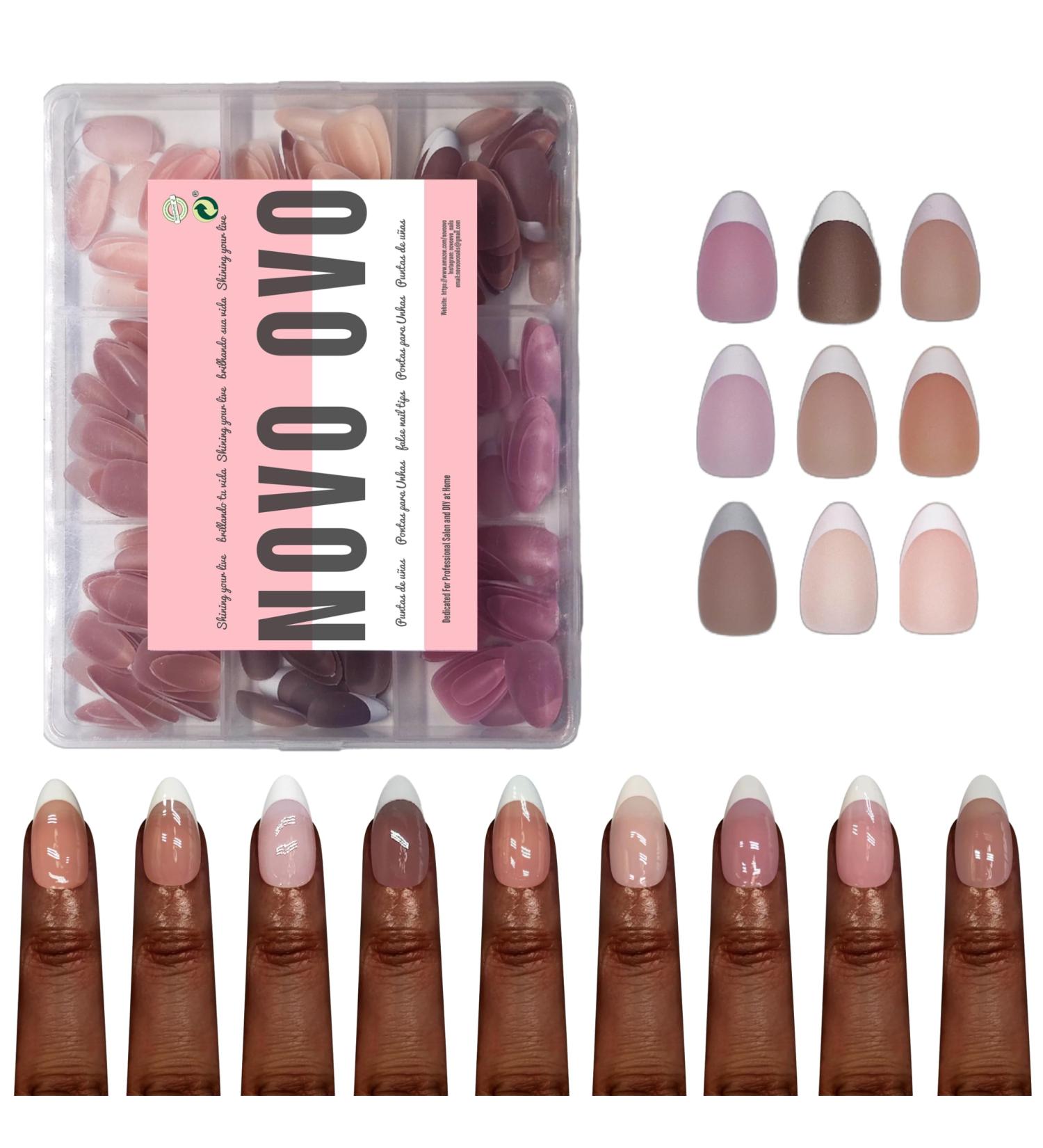 NOVO OVO Nail Tips Press on French Tip Short Almond Mixed 9 Color Soft Gel Acrylic Fake nail Extension Pre-applied Tip Primer & Base Coat Full Cover Matte False Nails for DIY x 15 Sizes 270Pcs French Tips Almond Mix Color EU - Buy Online on GoSupps.com
