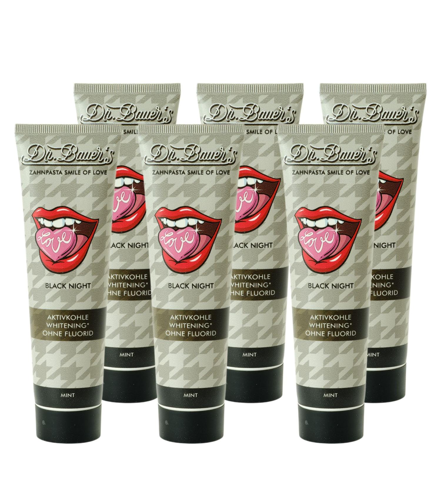  Dr. Bauer's Dr. Bauer's Smile of Love Black Night Toothpaste Fluoride Free with Activated Charcoal and Mint for Gentle Teeth Whitening - 6 Pack - 90ml - Buy Online on GoSupps.com
