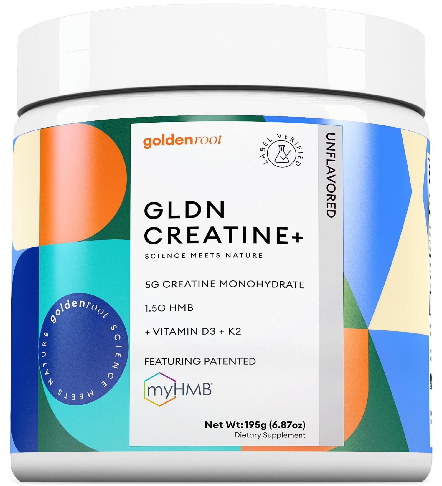 GoldenRoot GLDN Creatine - Creatine Monohydrate with HMB for sustained Muscle Support and Recovery with Vitamin D3 and K2 for Bone and Joint Health - Unflavored - 30 Servings (1) - Buy Online on GoSupps.com