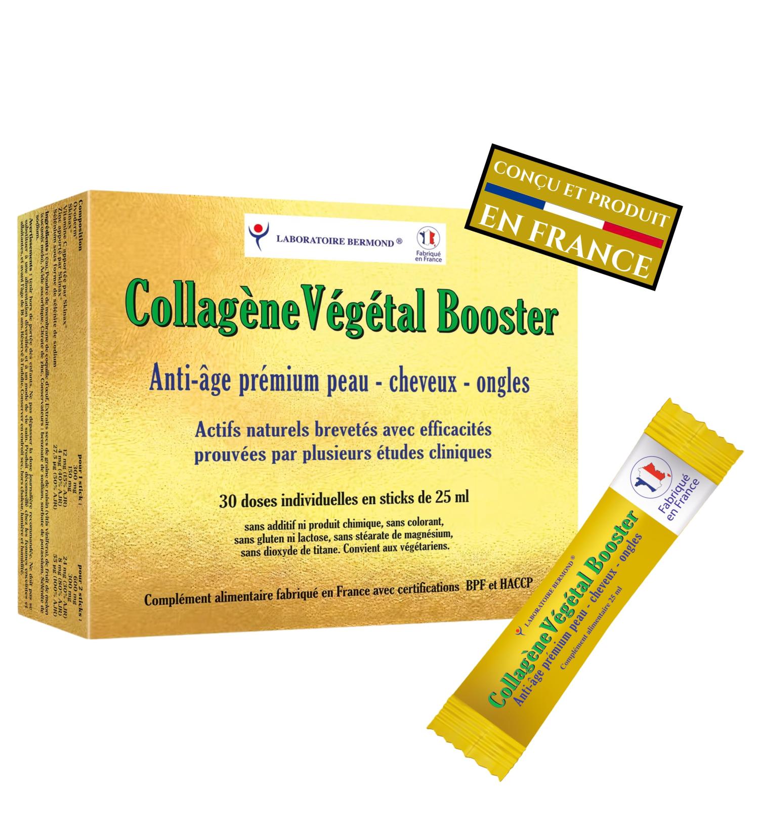 Collagen Vegetal Booster Liquid - 30 x 25 ml - Premium Anti-Aging - Beauty Skin - Hair - Nails - Patented Natural Active Ingredients Proven Effectiveness - Peptides - Hyaluronic Acid - Made in France - Buy Online on GoSupps.com