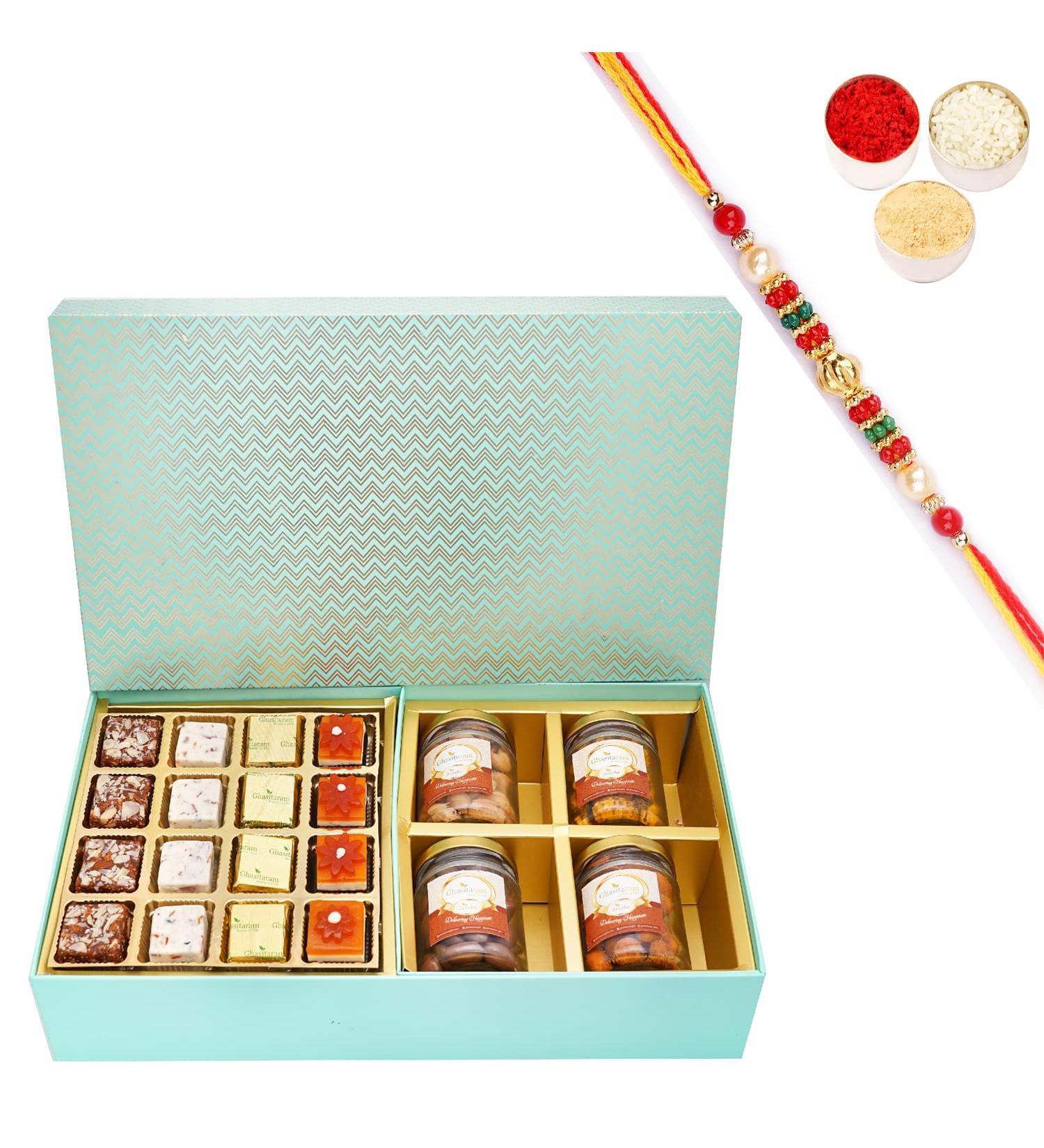 Ghasitaram Gifts Rakhi Gifts for Brothers Green Big Box of Assorted Bites Crunchy Coated Cashews Chocolate Coated Cashews Garlic Cashews and Roasted Cashews with Pearl Beads Rakhi Box of Assorted Bites Assorted Cashews with Rakhi - Buy Online on GoSupps.com