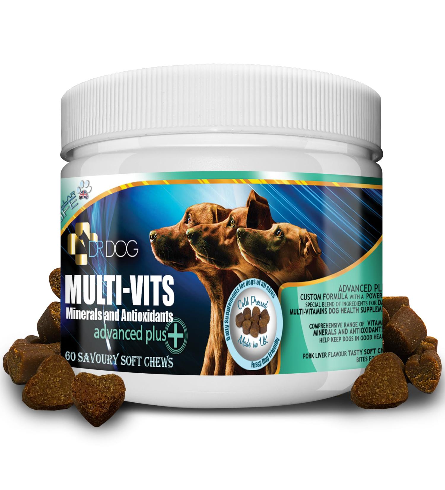 DR DOG Multivitamin for Dogs 60 Soft Chews - Essential Vitamins, Minerals & Antioxidants - Fussy Friendly & Tasty Treats - Made in UK - Buy Online on GoSupps.com