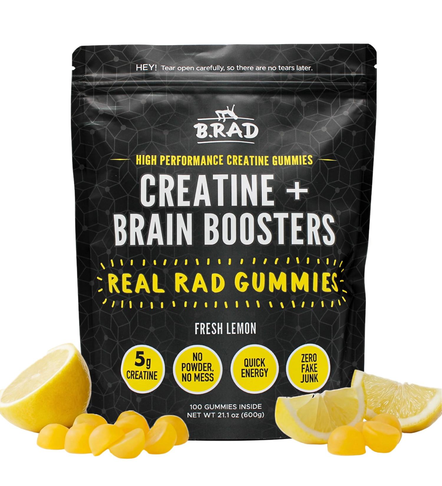 B.rad Real Rad Gummies | Creatine & Brain Boosters for Muscle Strength & Recovery, Cognitive Focus, Motivation, and Mood | 5-Gram Creatine Dose | Natural Fresh Lemon Flavor | 100 XL Gummies - Buy Online on GoSupps.com