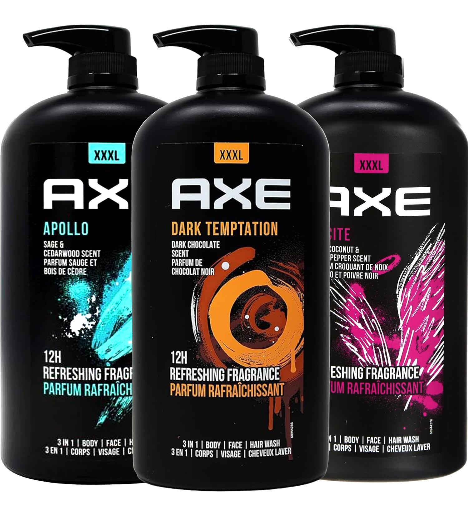 Shop Axe Men's Body Wash Variety Set - 3 Scents (Dark Temptation Apollo Excite) | 3-in-1 Body & Face Wash | 33.8 oz Pump Bottle - International Shipping Available - Buy Online on GoSupps.com