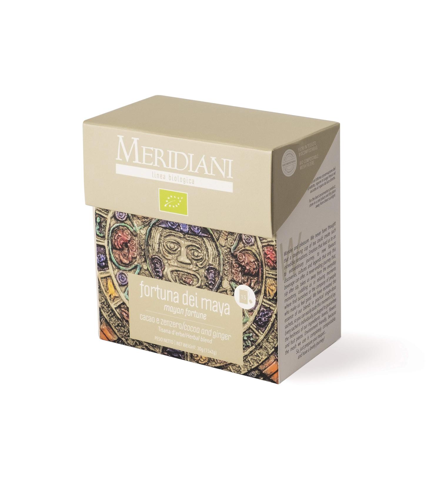  MERIDIANI Organic Cocoa and Ginger Tea with 15 Organic Fabric Filters - Fourtuna of the Maya - Spiced Cocoa Bean Tea - Meridiani Tea & Infusion - Buy Online on GoSupps.com