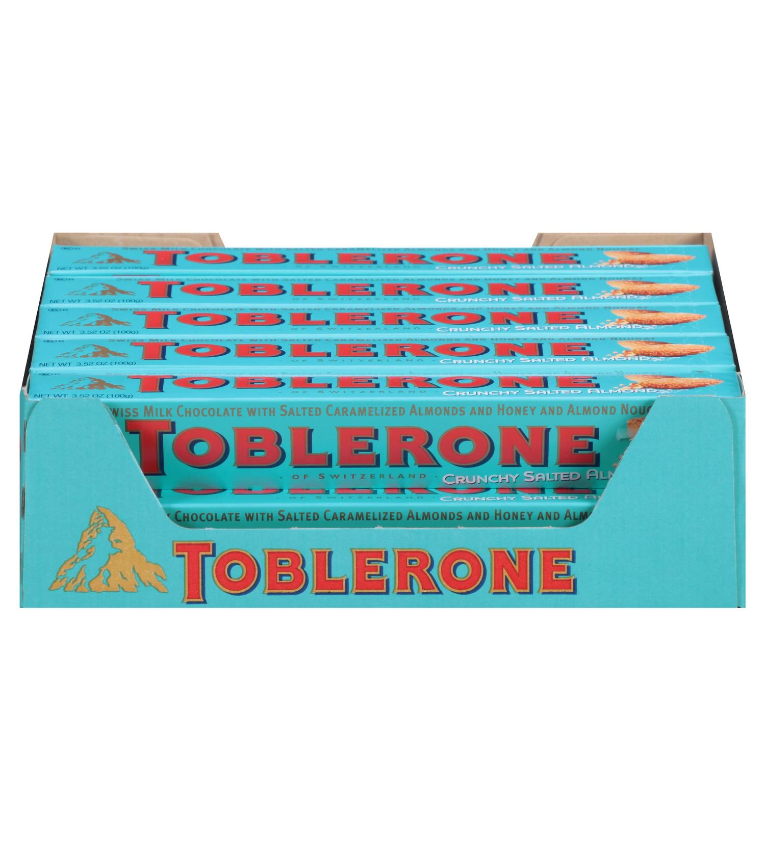 Toblerone Swiss Milk Chocolate with Salted Caramelized Almonds & Honey Almond Nougat - 20 Bars - Buy Online on GoSupps.com