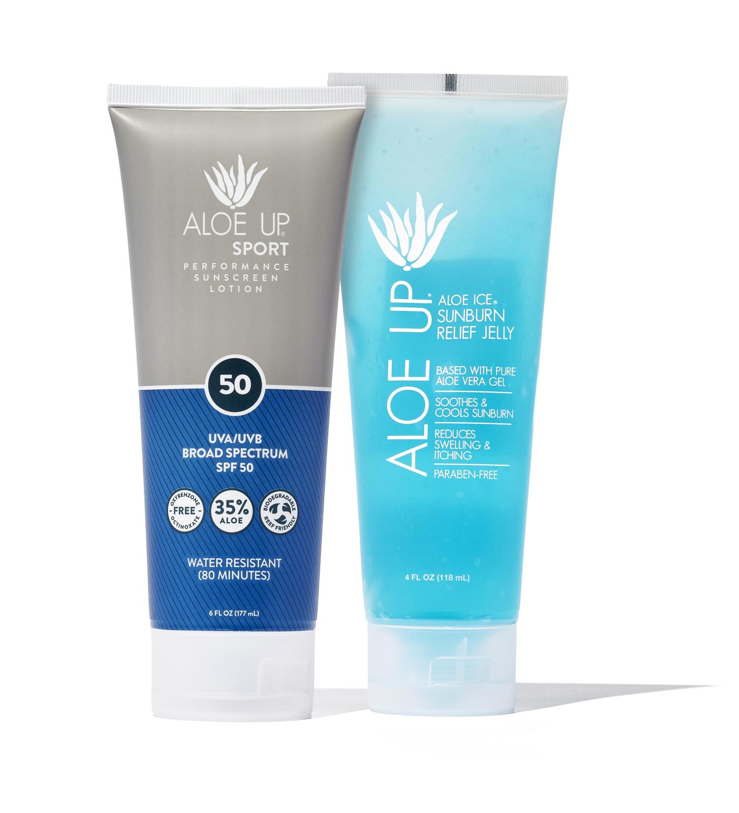 Aloe Up Sport Sunscreen Lotion SPF 50 and Aloe Ice Sunburn Relief Jelly - Bundle with Sun Screen Protector for Face and Body and After Sun Gel - With Pure Aloe Vera Gel - Reef Friendly - 2 Items - Buy Online on GoSupps.com