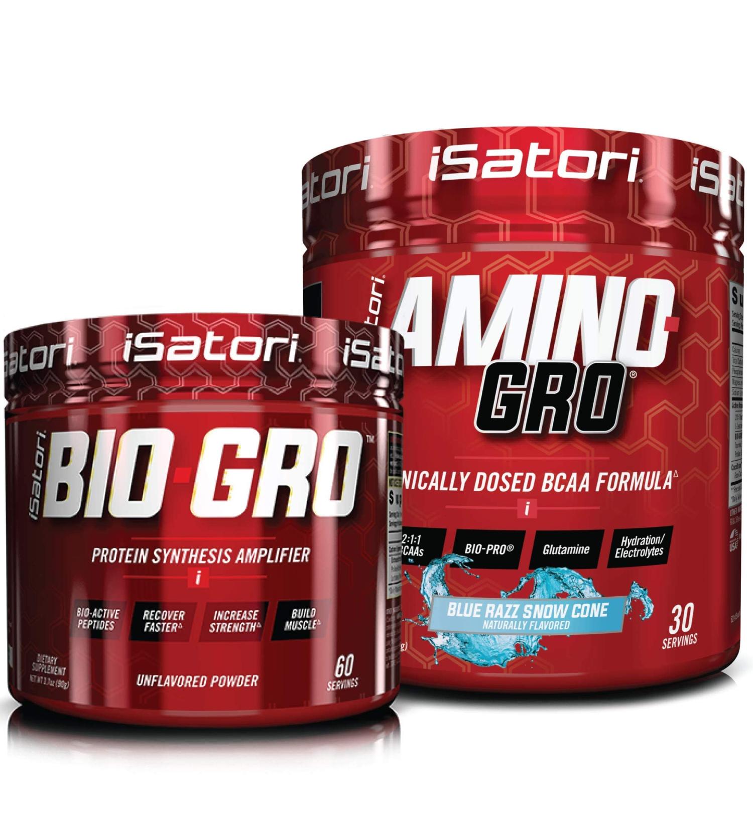 iSatori Bio-GRO Protein Synthesis Amplifier - Unflavored (60 Servings) & iSatori Amino-GRO BCAA Powder - Blue Razz Snow Cone (30 Servings) - Buy Online on GoSupps.com