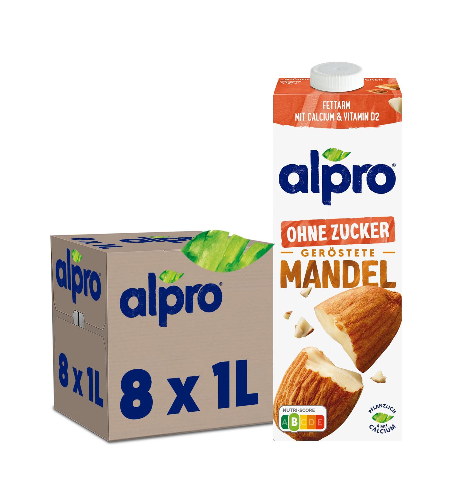Alpro Almond Drink (Sugar-Free Vegan Lactose-Free) 8x1L Low-Fat Calcium & Vitamin Source Gluten-Free Durable Packaging | Shop Internationally - Buy Online on GoSupps.com