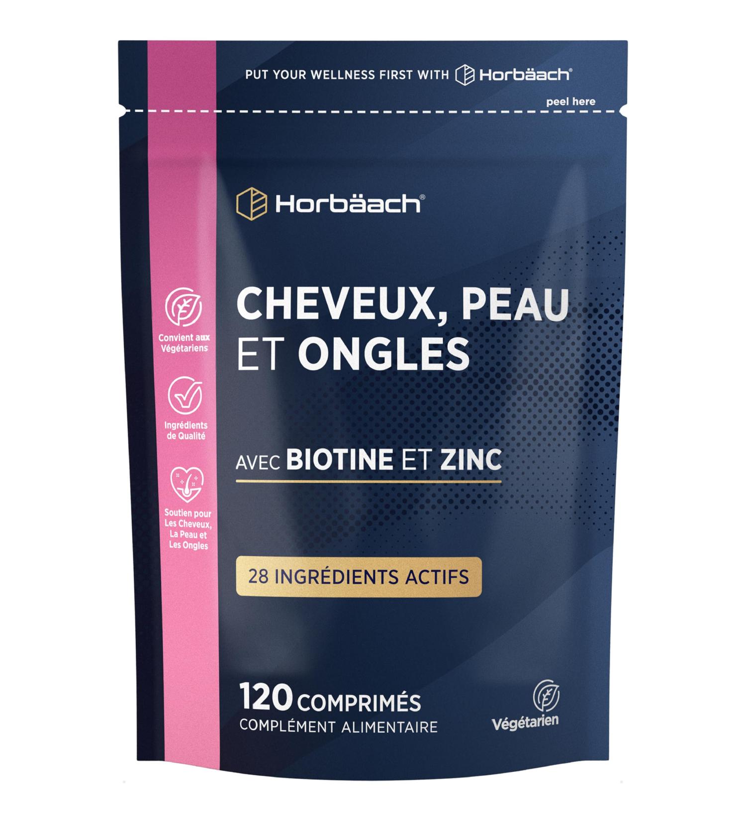 Cheveux Ongles Peau | 28 nutriments avec de la biotine du zinc du fer un complexe de vitamines B et bien plus encore ! | 120 Comprim s | Horbaach - Buy Online on GoSupps.com