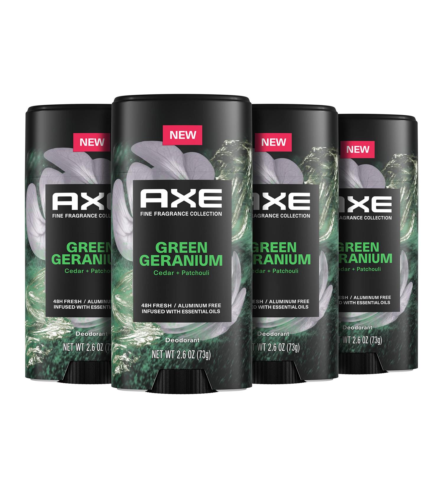 AXE Fine Fragrance Collection Aluminum No Deodorant Stick for Men Green Geranium 4 Count with 48H Odor Protection and All-Day Freshness Infused with Geranium Cedar & Patchouli Essential Oils 2.6 oz - Buy Online on GoSupps.com