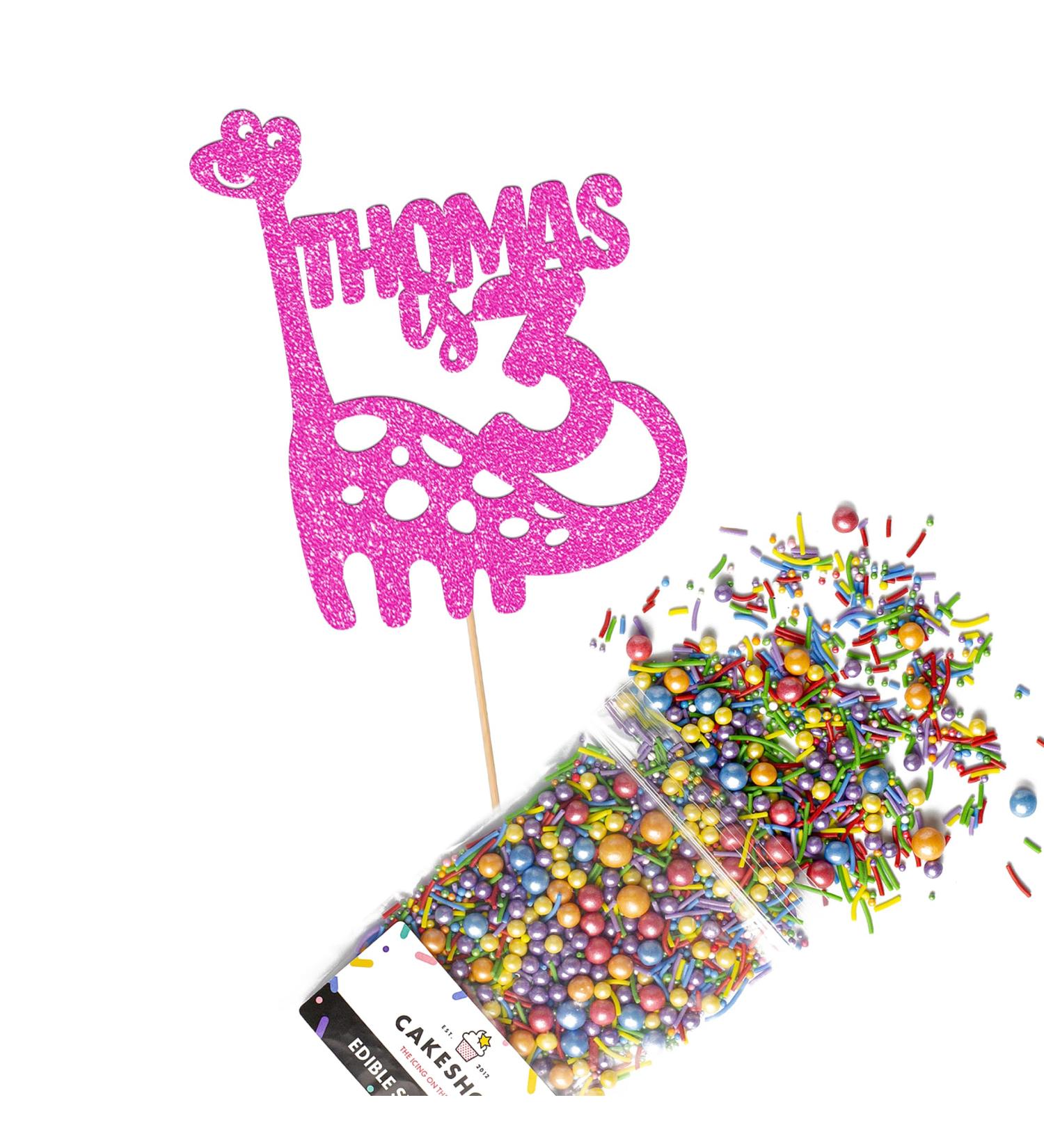 Cakeshop Cake Decoration Pack | Cute Birthday Dinosaur Premium Double Sided Glitter Card Cake Topper & 25g Party Pack of Cake Sugar Sprinkles | Custom Name & Age Cake Decoration (Baby Pink) Non-Prime Glitter Card: Baby Pink - Buy Online on GoSupps.com