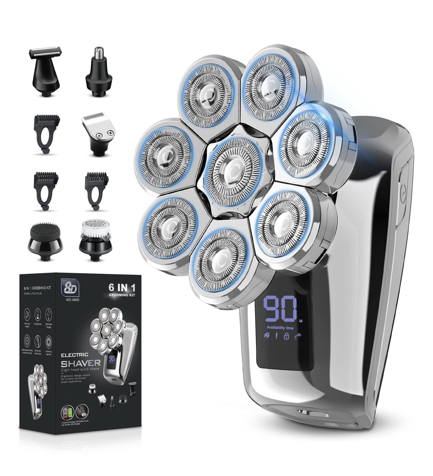 8D Electric Head Shaver for Bald Men - Upgrade 6-in-1 Floating Head - Waterproof Grooming Kit (Silver) | WD-6800 - Buy Online on GoSupps.com