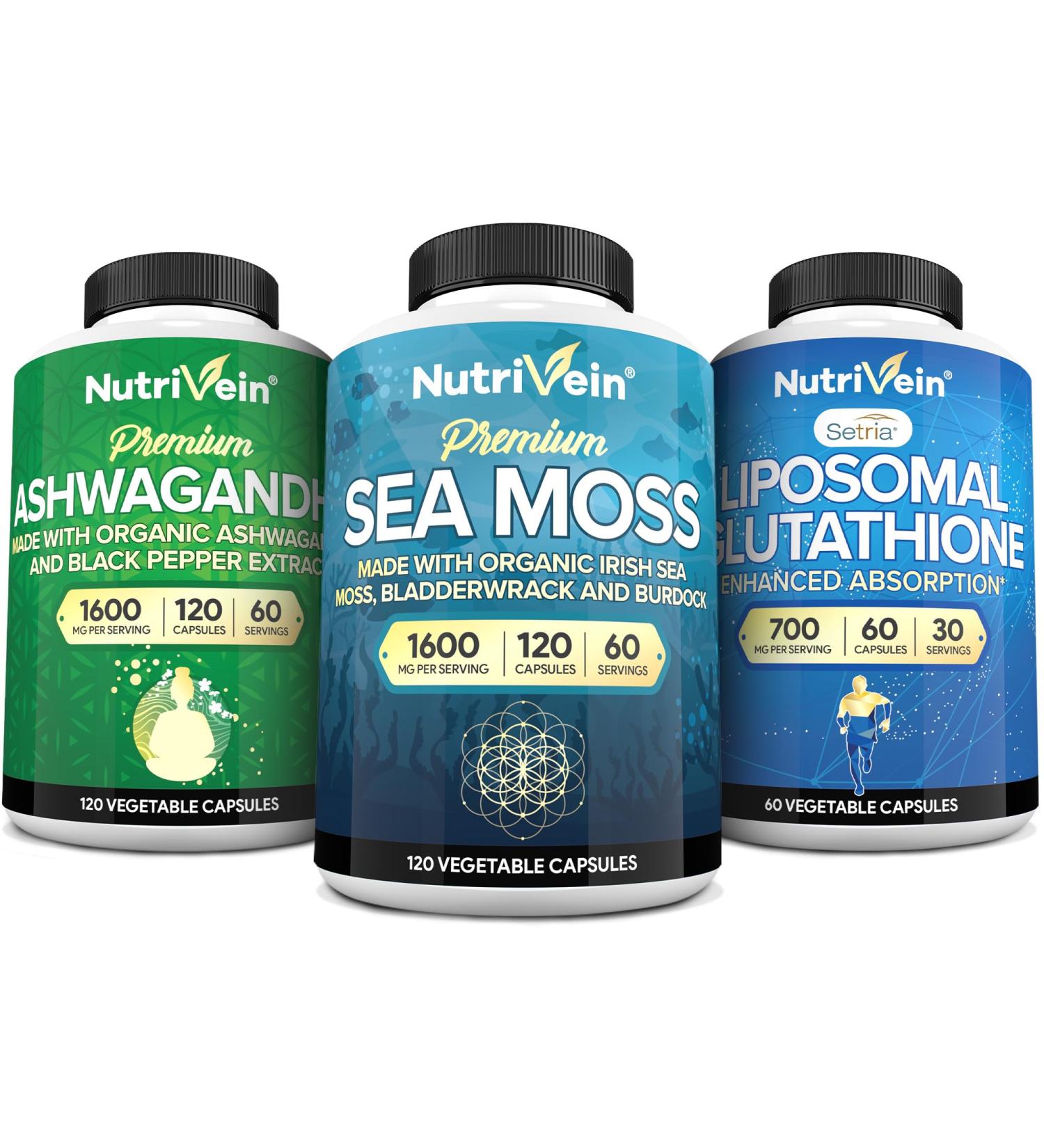 Nutrivein Premium Irish Sea Moss Capsules, Ashwagandha, and Liposomal Glutathione Supplement Bundle: Sea Moss, Reduced Glutathione, & Ashwagandha Supplements for Immunity, Mood, Digestion, & Detox - Buy Online on GoSupps.com