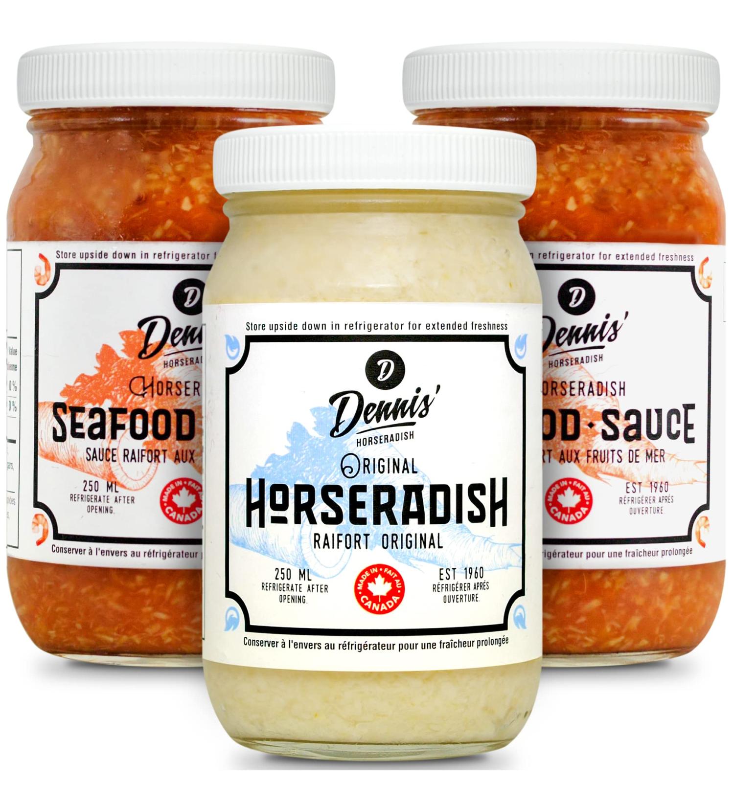 Dennis' Horseradish Seafood Lover's Variety Pack. Fresh Ground Horseradish & Seafood Sauce. Medium Heat. 100% Canadian Farm to Fork. Perfect On Shrimp Fish Burgers Steaks Chicken Wings. 250 ml Jar (Pack of 3) - Buy Online on GoSupps.com