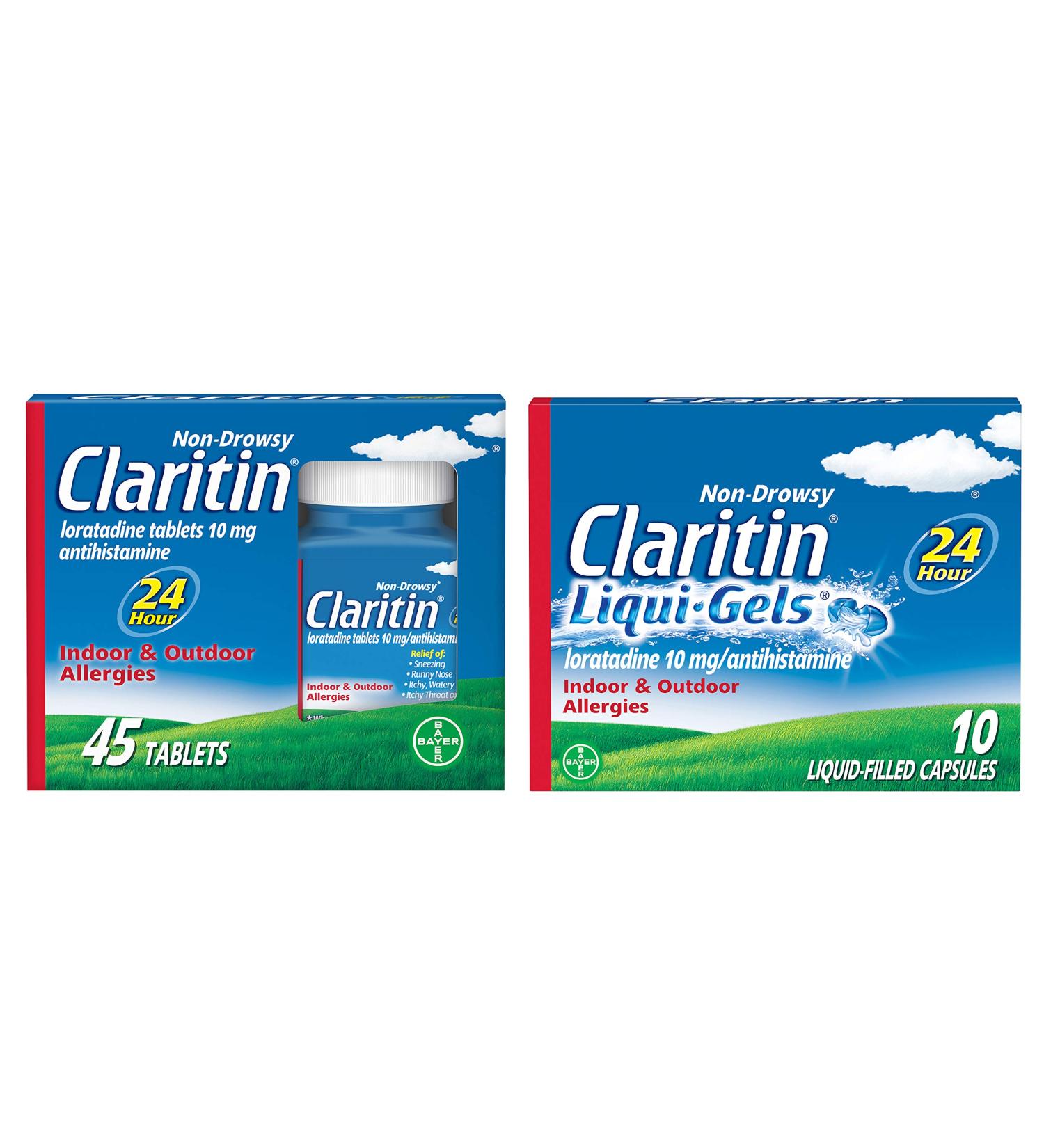 Claritin 24 Hour Non-Drowsy Allergy Medicine Bundle Pack - 45ct Tablets & 10ct Liquid Gels | Prescription Strength Relief | 10mg Loratadine Antihistamine - Buy Online on GoSupps.com