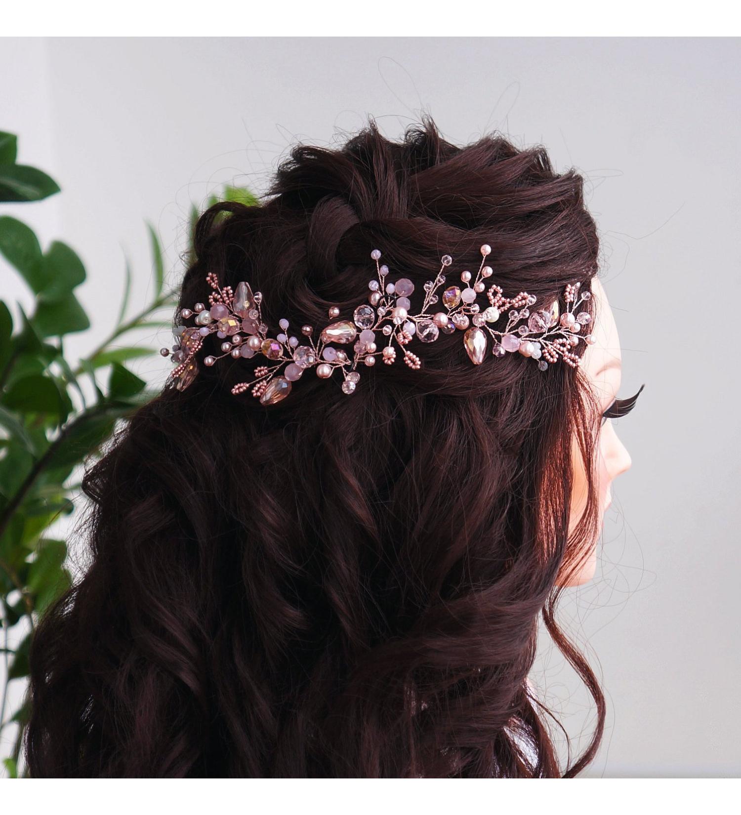 Kercisbeauty Wedding Pink Crystal Pearl Rose Gold Boho Headband - Bridal Hair Accessory for Bride, Bridesmaid, Flower Girl - Rustic Wedding Prom Headpiece - Buy Online on GoSupps.com