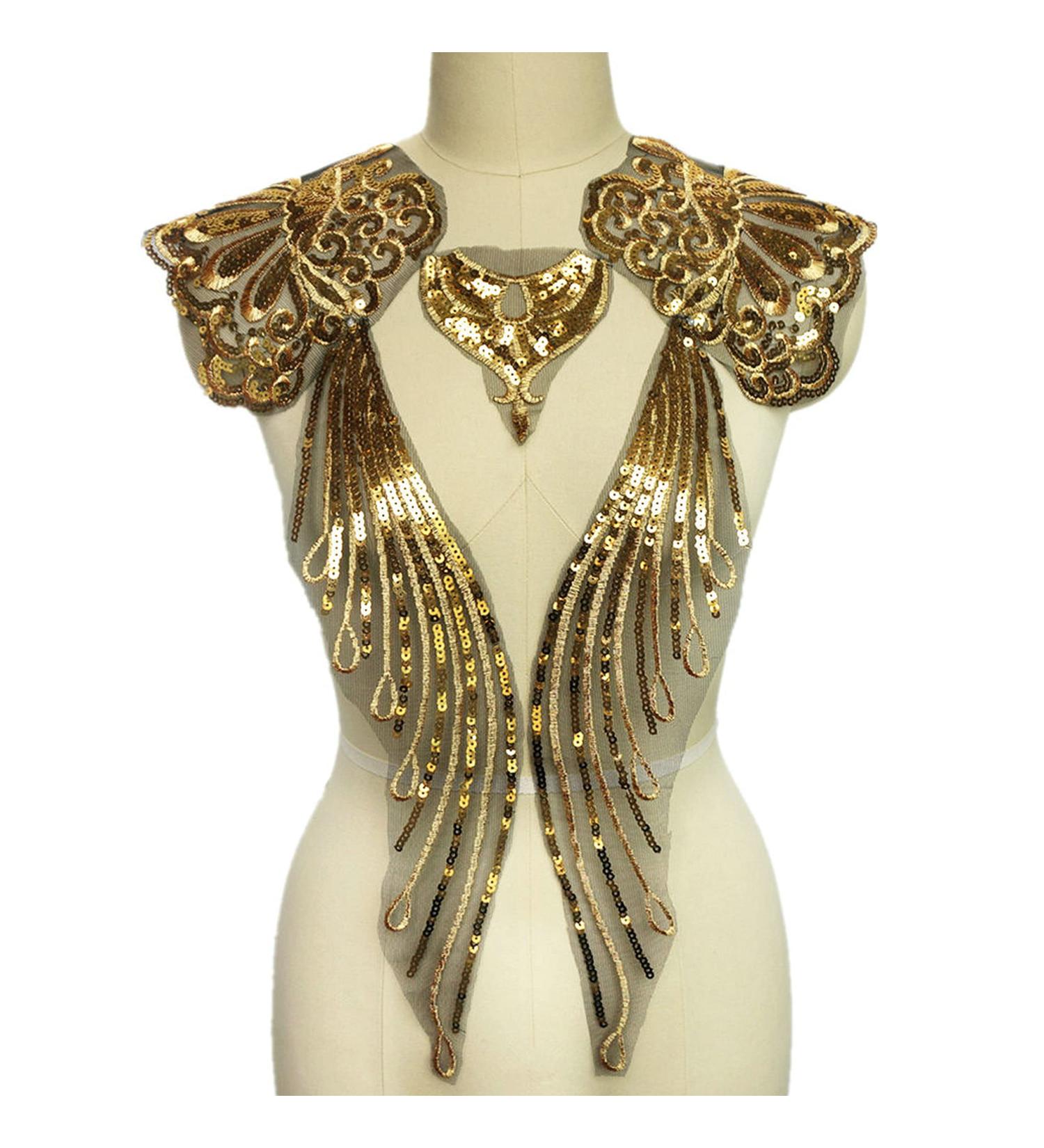 Gauze Sequins Phoenix Tail Feather Patch Applique Set for DIY Wedding Gown & Bridal Dress - 5pcs (Black) Ivory Gold - Buy Online on GoSupps.com