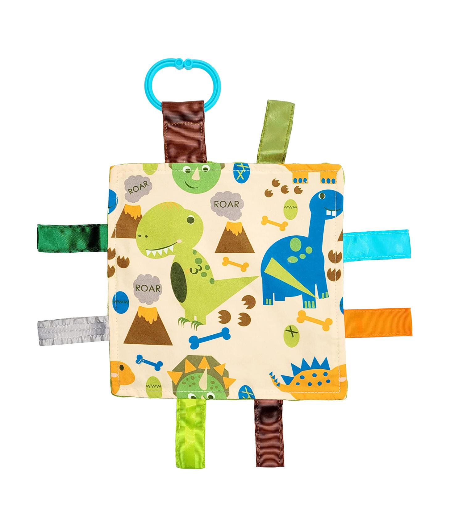 Crinkle & Teething Dinosaur Lovey Toy | Baby Sensory Square 8X8 with Ribbon Tags - Buy Online on GoSupps.com