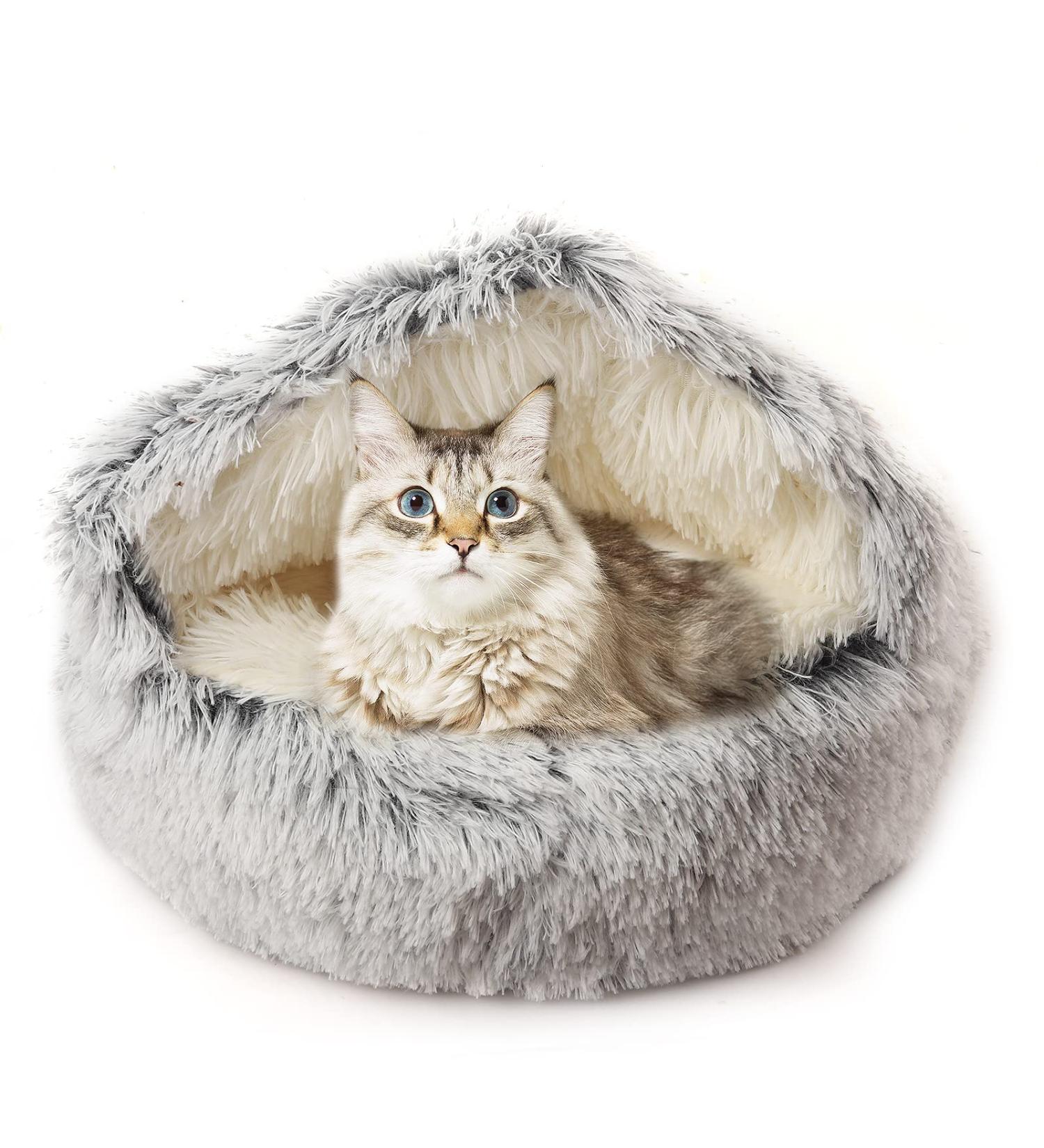 Plush Hooded Cat Bed with Blanket - Round Burrowing Cave Design for Small Dogs/Cats - Machine Washable, Slip Resistant - Ultra Soft Cushion - 24x24 inch Grey - Buy Online on GoSupps.com